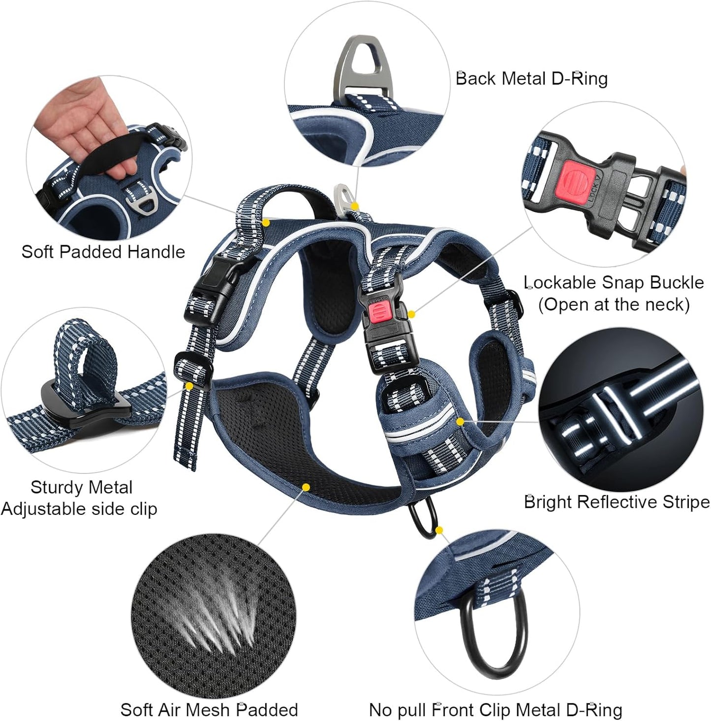 Timos Dog Harness Medium Sized, No Pull Pet Harness with Neck Lockable Snap,No Choke Front Clip Dog Reflective Vest,Adjustable Metal Rings 3 Buckles,Easy Control Handle for Medium Dogs Royal Blue M