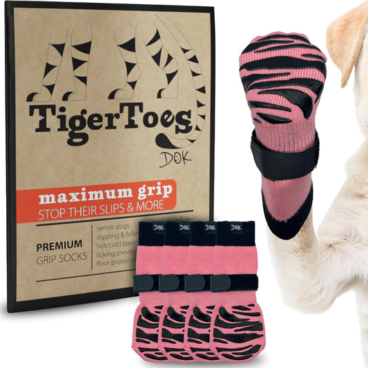DOK TigerToes Premium Non-Slip Dog Socks for Hardwood Floors - Extra-Thick Grip That Works Even When Twisted - Prevents Licking, Slipping, and Great for Dog Paw Protection (Sassy Pink, Large)