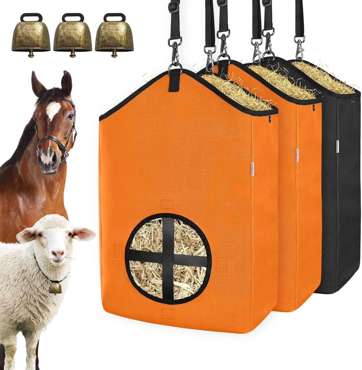 3 PCS Goat Hay Feeder,Hay Bags for Horses,Goats,Donkeys with Reinforced Oxford Fabric and High Strength Metal Clasp,Horse Feeding Supplies with Adjustable Strap for Easy Hanging (2Orange+1Black)