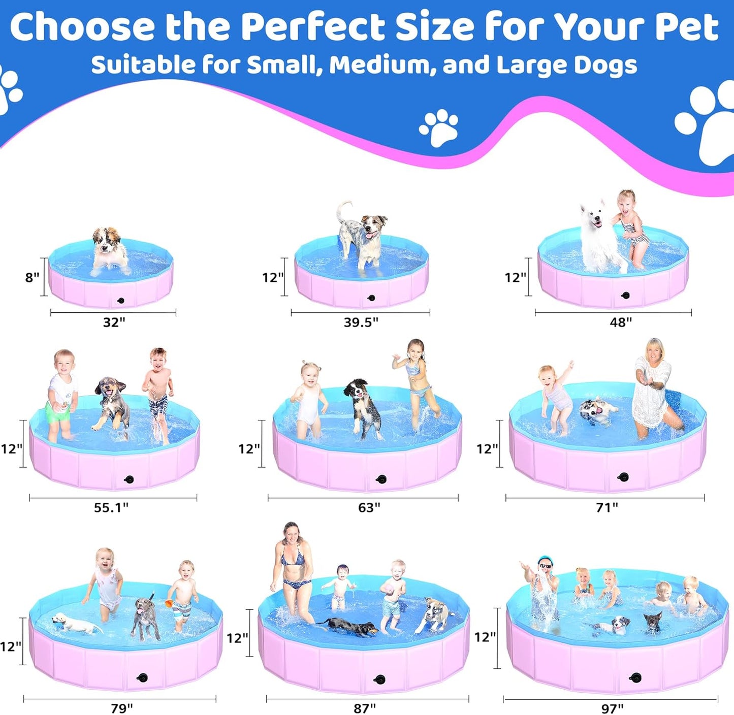 2025 Updated Foldable Dog Pool, 39.5" x 12" Kiddie Pool with Hard Plastic, Non-Slip Dog Bath Tub for Outdoor Backyard, Collapsible Dog Swimming Pool for Kids Dogs Pets (Pink)