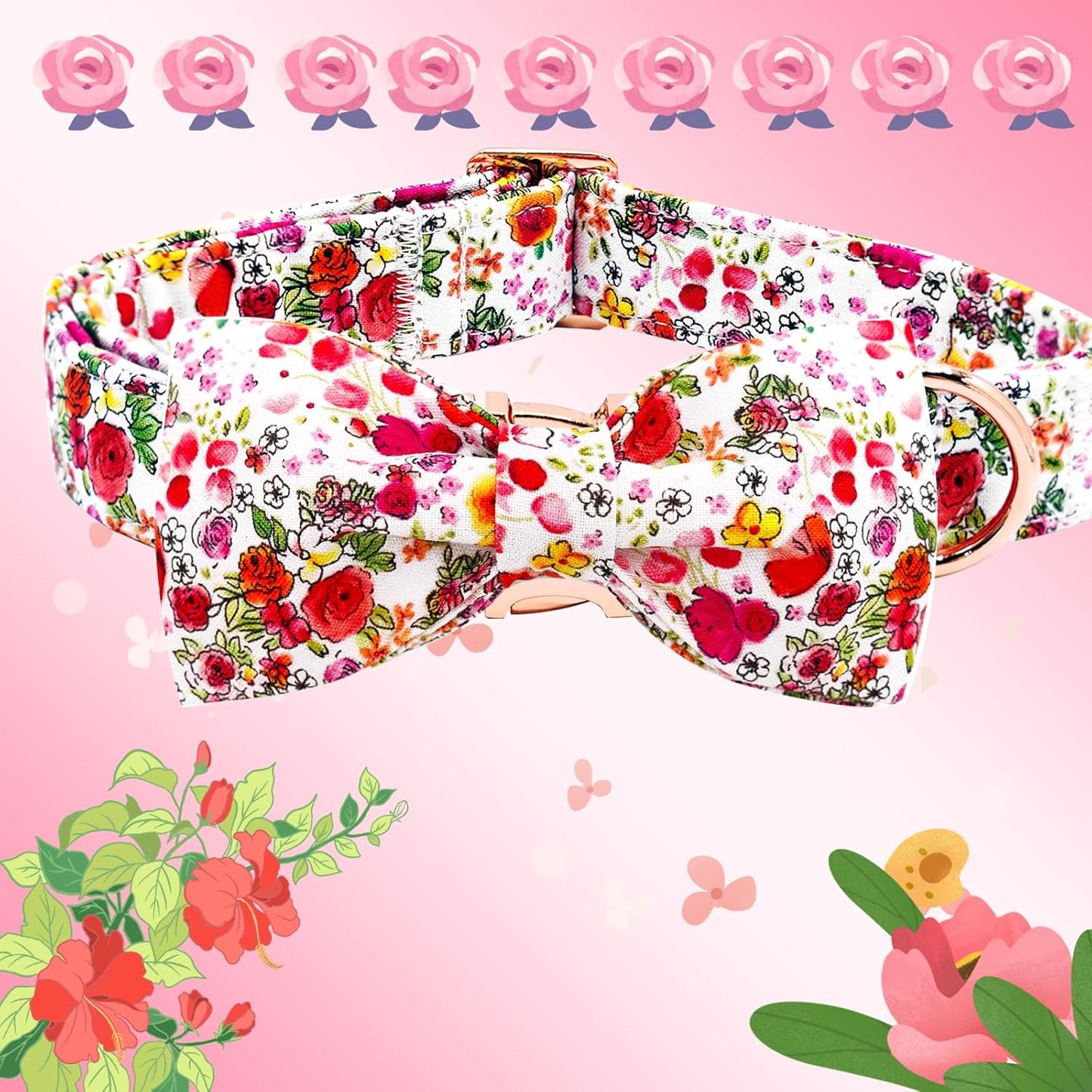 Elegant little tail Dog Collar, Pink Rose Print Pet Collar Summer Dog Collar Durable Metal Buckle Dog Collars Cotton Pet Adjustable Dog Collars for X-Small Dogs