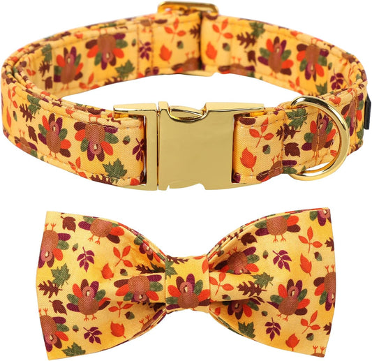 Lionet Paws Thanksgiving Day Dog Collar with Bowtie, Dogs Bowtie Collar with Metal Buckle for Dogs, Adjustable Comfortable Turkey Dog Collars Girl Boy, M, Neck 13.5-22 in