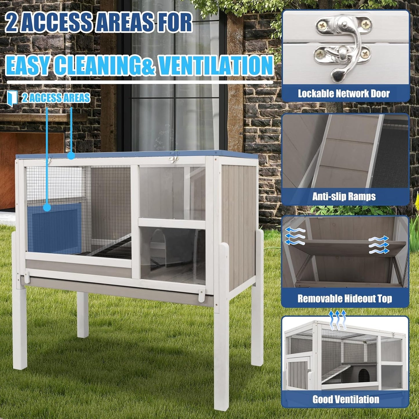 38" L Rabbit Hutch Bunny Cage,Fir Wood Rabbit Cage Indoor Outdoor with Pull Out Tray,Bunny Hutch with Ramp and Hideout,Guinea Pig Cages Rabbit Hutch Indoor with Detachable 4 Legs