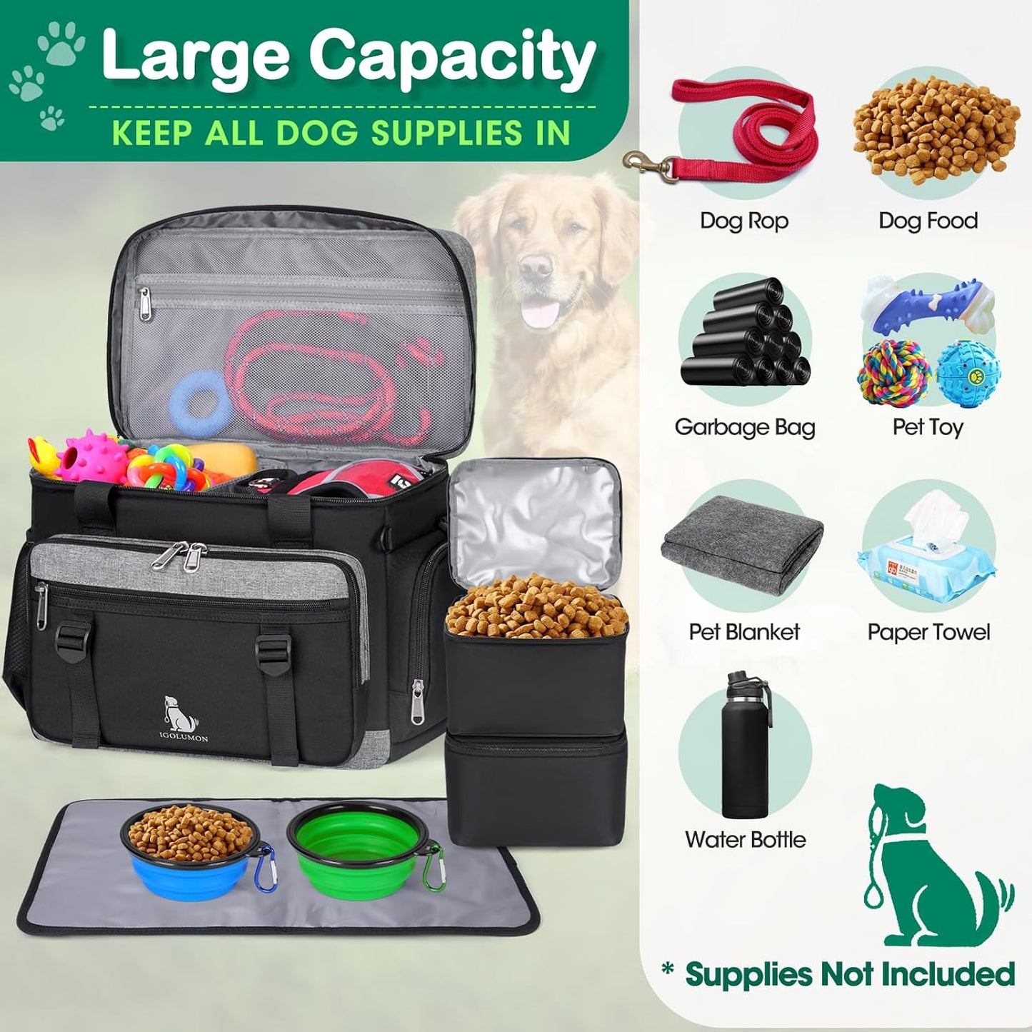IGOLUMON Dog Travel Bag Large Pet Travel Bags Set for Supplies Weekend Travel Kit Tote Organizer Multi-Pockets Food Travel Bag with 2 Extra Large Food Containers, 2 Dog Bowls, 1 Feeding Mat