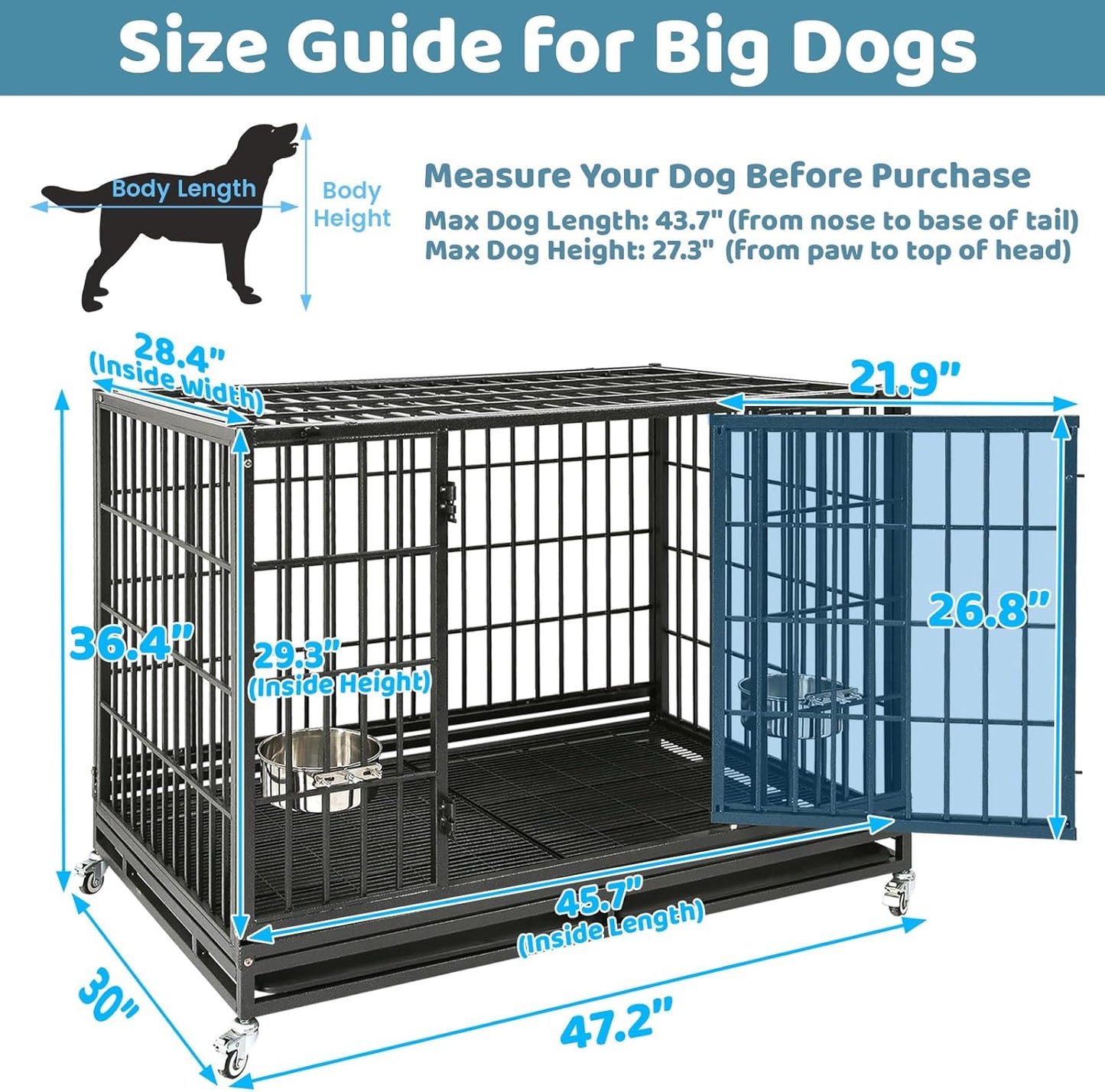 48 Inch Heavy Duty Dog Crate, Indestructible Escape Proof Big Cage for High Anxiety Large Dogs, Stackable & Collapsible XL Dog Kennel Indoor with Wheels,Dual Trays,Adjustable Bowl,Top Access
