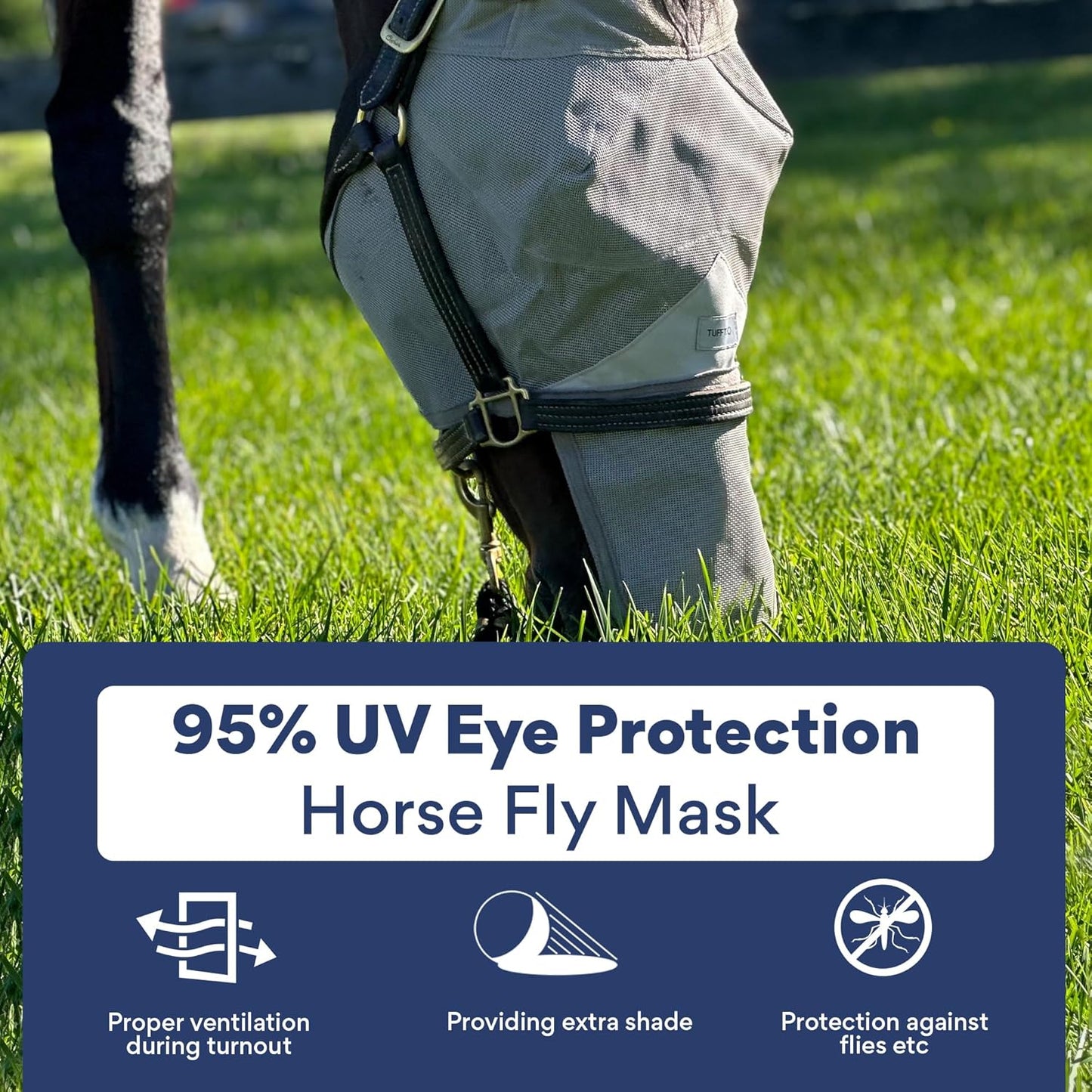 Horse Fly Mask with Nose Cover and Ears | 95% UV Eye Protection | Built-in Visor | Breathable, Lightweight Mask | Adjustable Fit for Comfort Horse Medium/Large Size