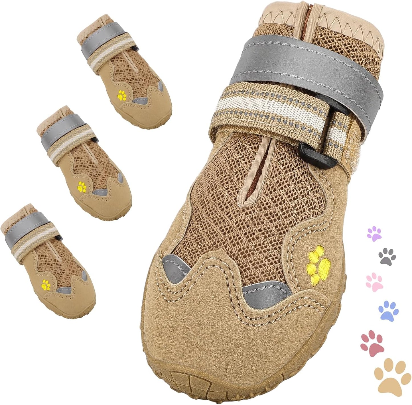 Dog Shoes, FISHOAKY Dog Shoes for Large Dogs, Mesh Breathable Dog Boots & Paw Protectors for Summer Hot Pavement Winter Snowy, 360°Anti Slip 4Pcs Dog Booties with Reflective Khaki (Size 4)