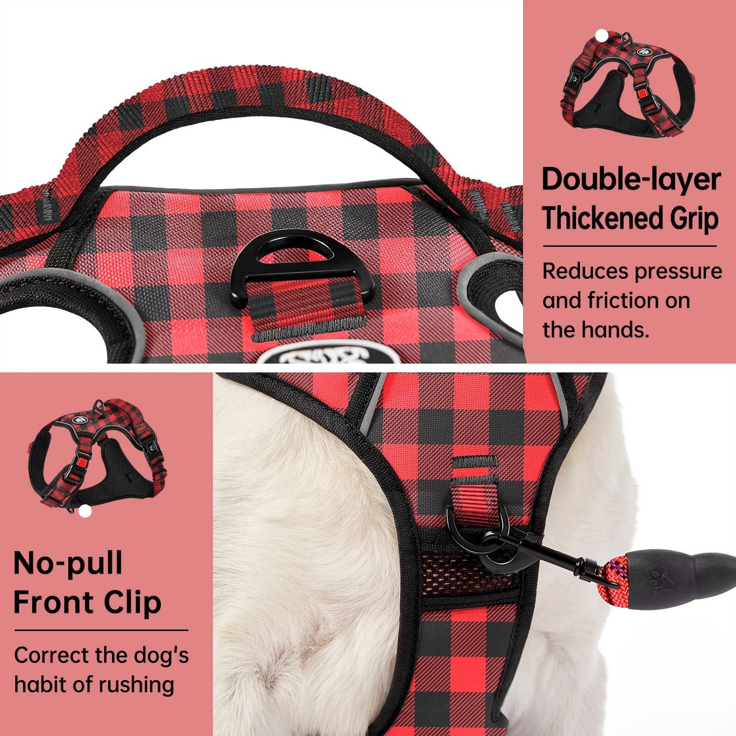 IVY&LANE No Pull Dog Harness with Leash Set, Reflective No Choke Pet Vest,Adjustable Oxford Dog Vest Harness with Easy Control Handle for Large Dogs (Checkered Red,XL)