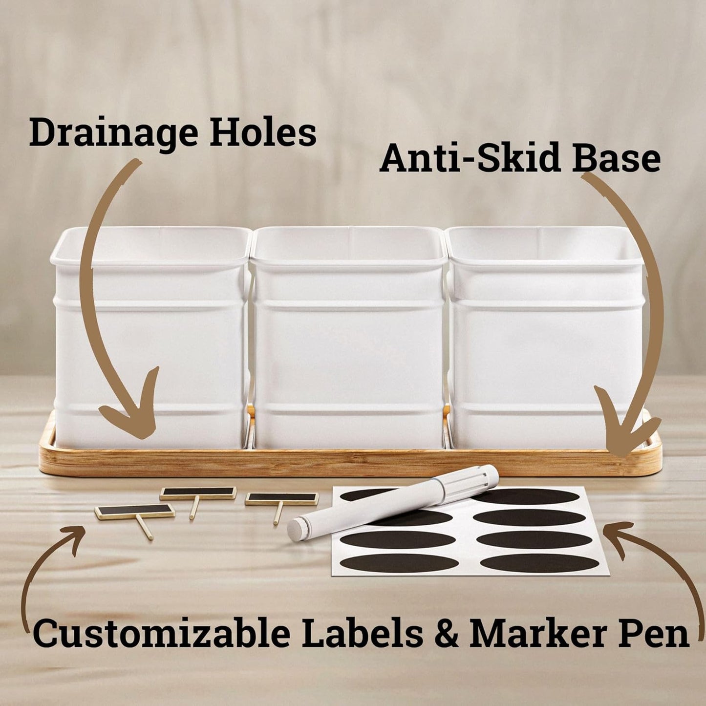 Herb Planter Indoor - 3 Iron Herb Pots with Drainage Holes, Varnished Bamboo Tray, Customizable Labels & Marker Pen - Indoor Herb Garden Planter - 3 Pots for Herbs - Inside Spice Garden - Basil Pot
