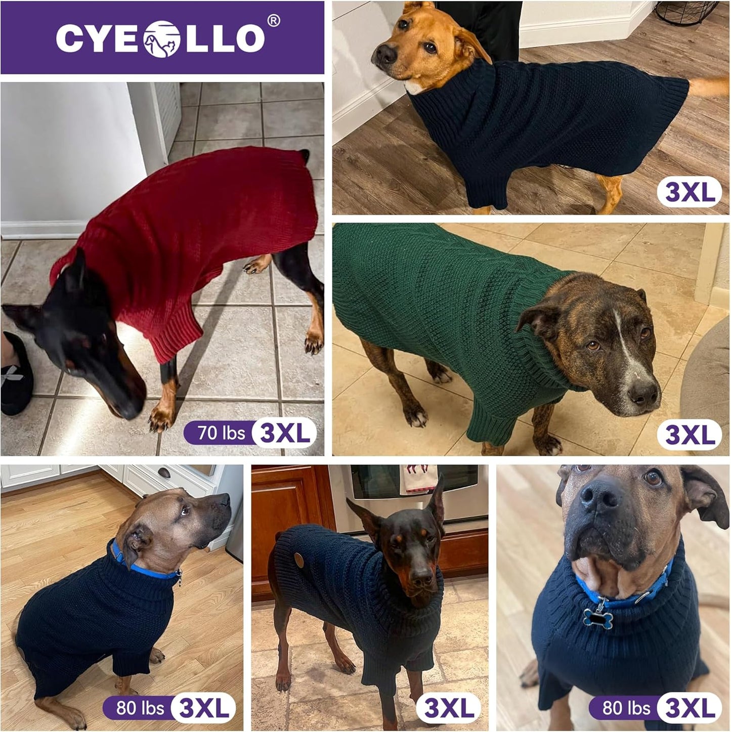 cyeollo Dog Sweater Pullover Turtleneck for Large Dogs, Classic Knitwear Fall Winter Cold Weather Dog Clothes Warm Pet Apparel Large Big Dogs Sweaters, Purple 3XL