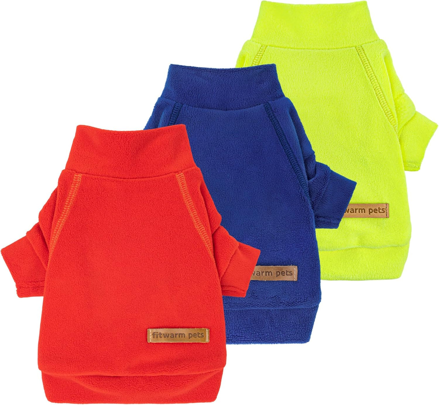 Fitwarm 3 Pack Classic Fleece Dog Sweater, Winter Clothes for Small Dogs Boy Girl, Turtleneck Dog Sweatshirt, Pet Apparel, Orange Red, Royal Blue, Neon Yellow, XS