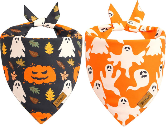 Halloween Dog Bandanas - 2 Pack Fall Dog Bibs | Reversible Pumpkin and Ghost Pet Scarf for Boys and Girls | Premium Durable Fabric | Orange Dog Bandana for Large and Extra Large Dogs (X-Large)