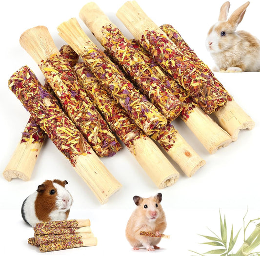Abizoo Natural Rabbit Chew Toys,10 Sticks Sweet Bamboo Sticks for Rabbits with Petals,Bunny Chew Toys for Guinea Pig,Chinchilla,Hamster Treats Pet Wood Chews Snack Healthy Small Animals Toys for Teeth
