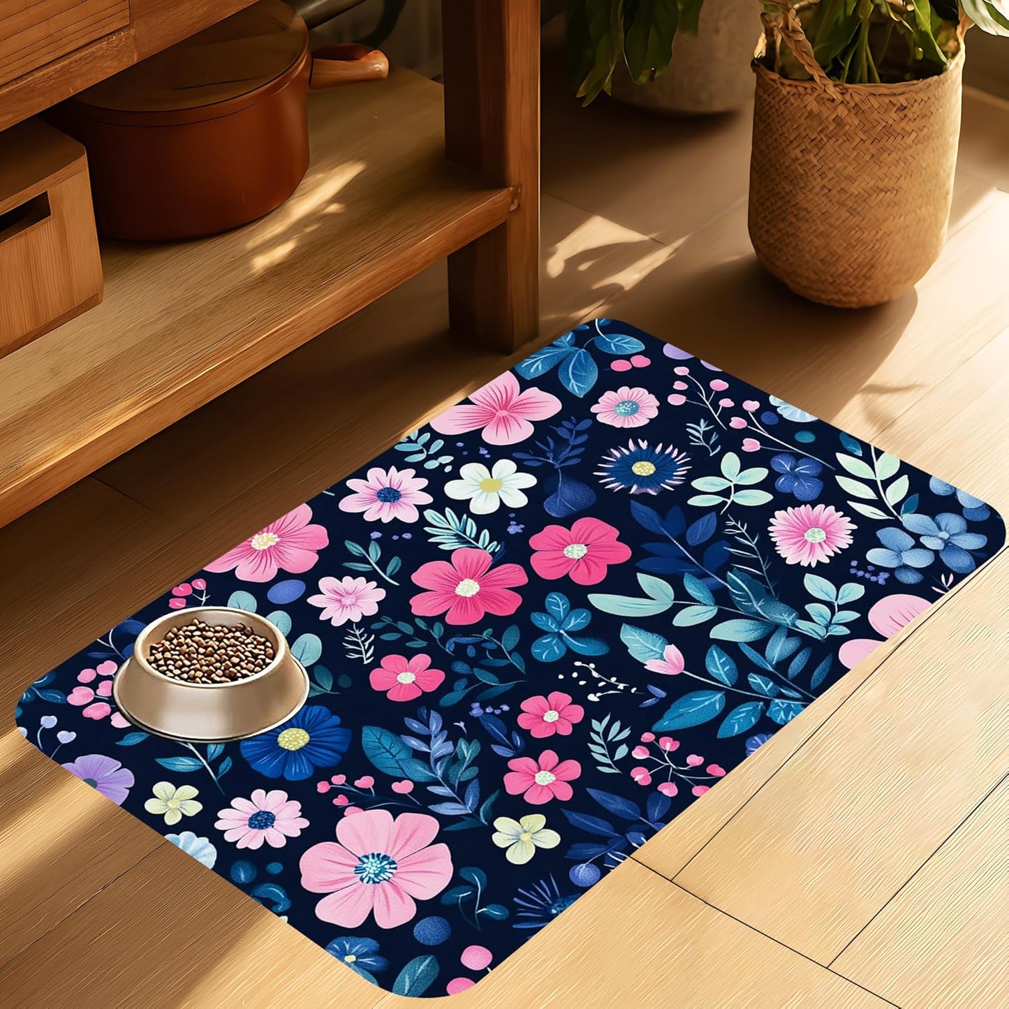 Groovy Wildflowers Pet Feeding Mat-Quick Dry Absorbent Dog Cat Food Mat, Anti-Slip Water Bowl Mats for Messy Eaters-No Stains Indoor Pet Accessories 16"x24"