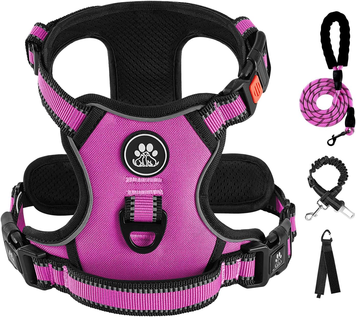 IVY&LANE No Pull Dog Harness for Large Dogs, Dog Vest Harness with Leash, Safety Belt and Storage Strap, Fully Adjustable Harness, 360° Reflective Strip, Soft Handle (Fuchsia Pink, L)