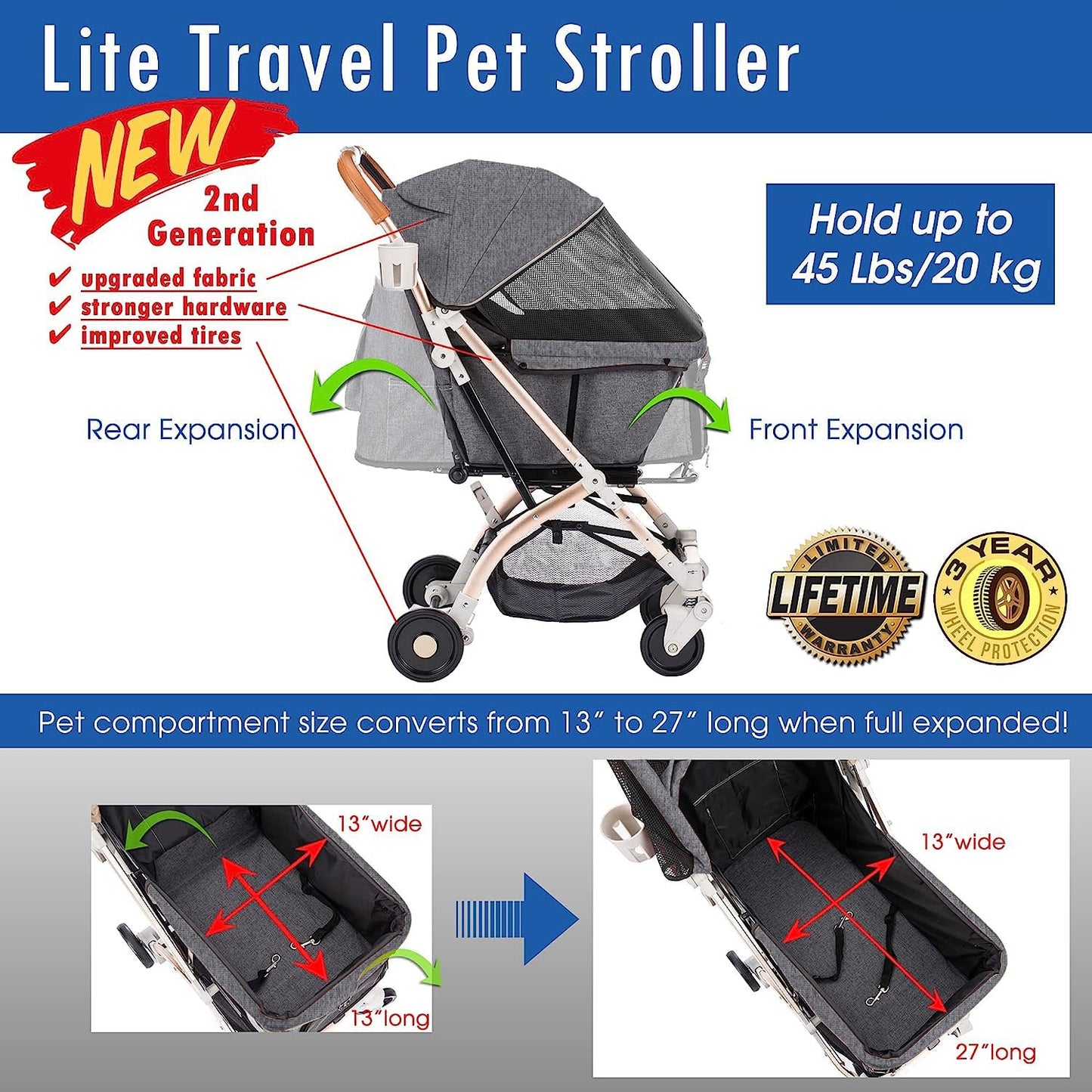 HPZ-PR America Pet Rover Lite Premium Light-Weight Dog/Cat/Pet Stroller Travel Carriage with Convertible Compartment/Aluminum Frame for Small & Medium Pets (Gray 2nd-Gen.)