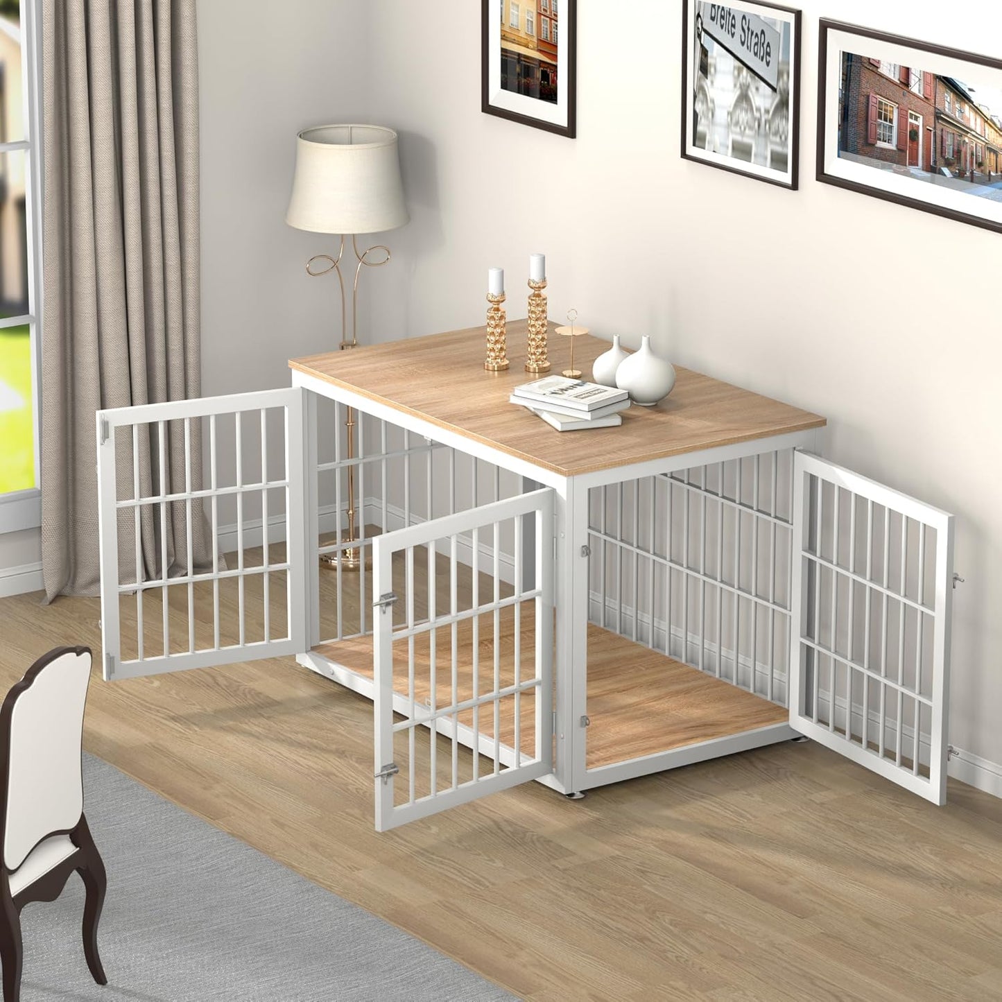 48 Inch Heavy Duty Dog Crate Furniture for Large Dogs, Decorative Pet House End Table, Extra Large Wooden Cage Kennel Furniture Indoor, Natural and White