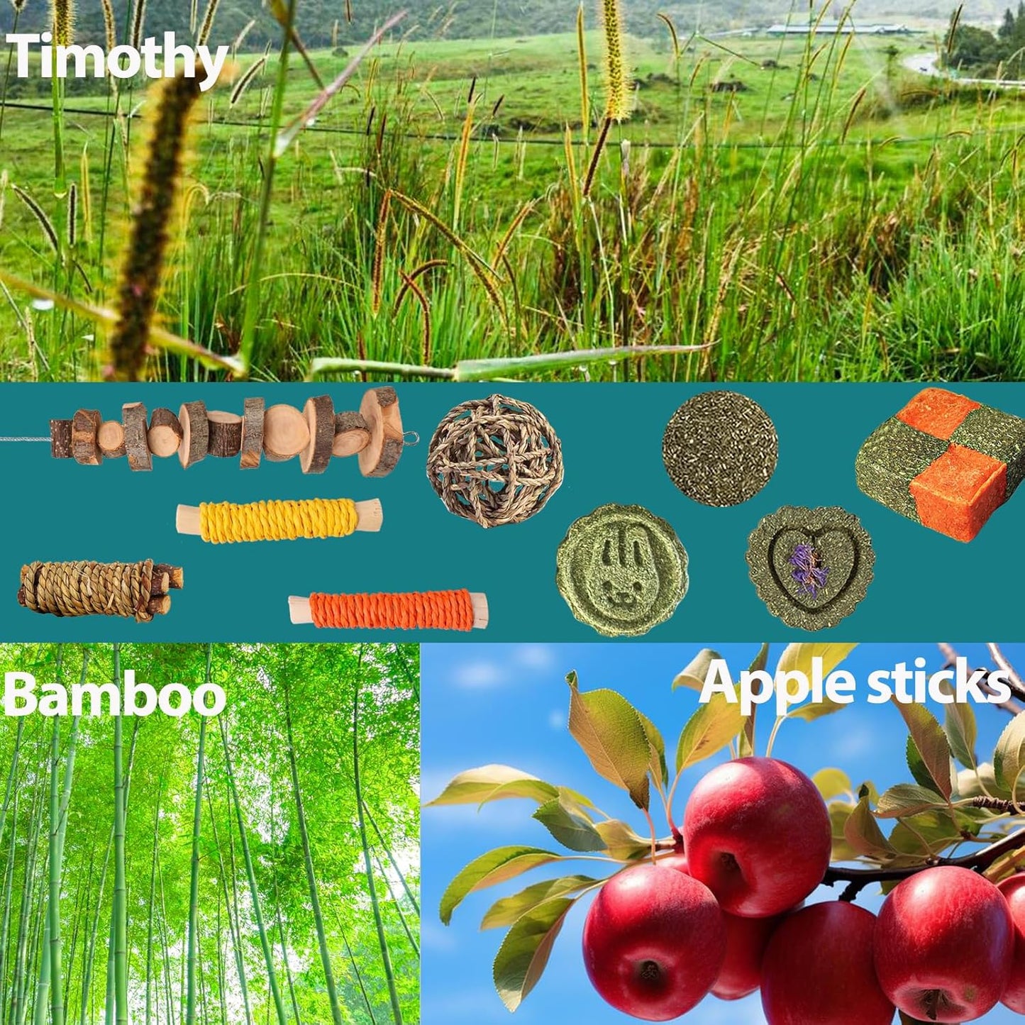 HERCOOCI 18Pcs Rabbit Chew Toys, Bunny Treats and Ball Timothy Hay Stick Toys for Rabbit Bunny Guinea Pig Chinchilla Hamster Teeth Care