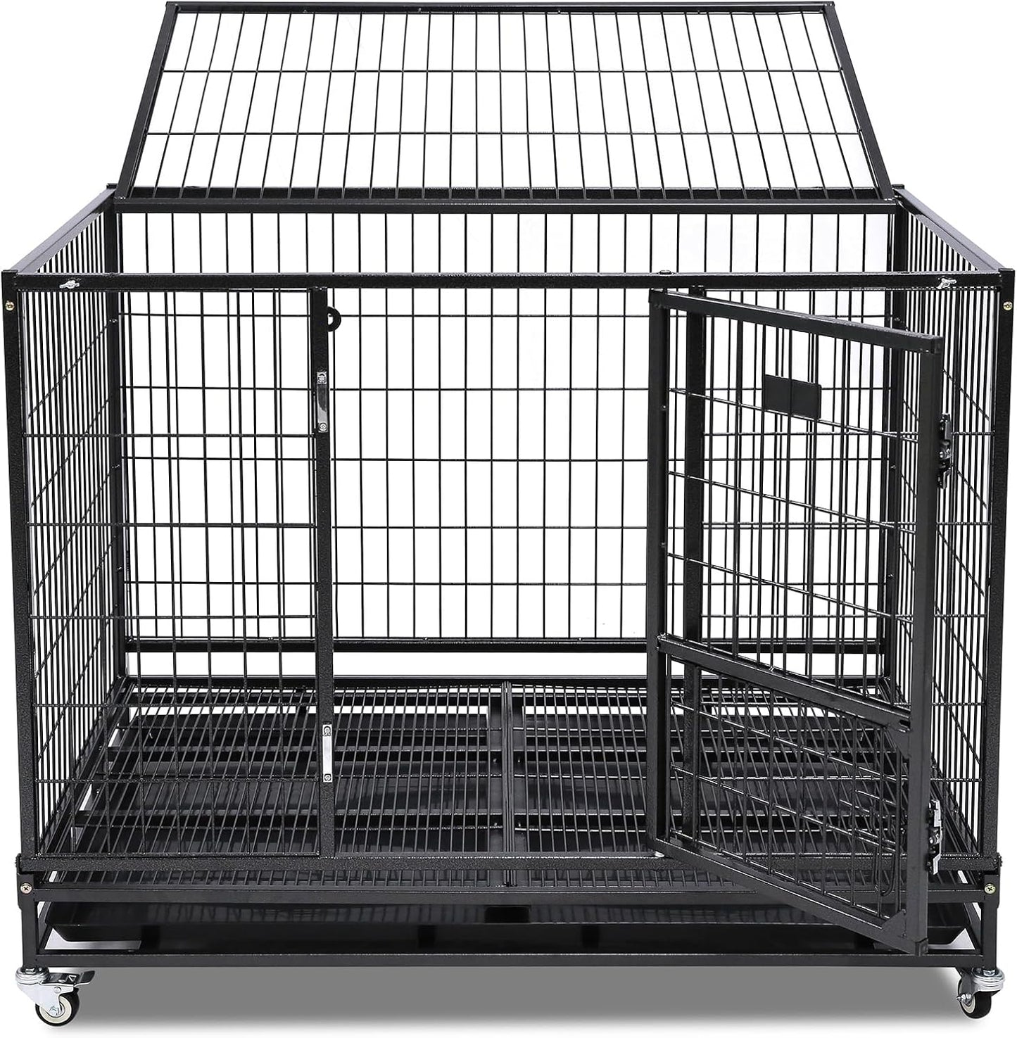 43" Collapsible and Stackable Large Dog Crates, Heavy Duty Dog Kennel Cage Open Top Double Doors W/Feeding Door, Dual Safe Locks, 360° Lockable Casters, Removable Tray & Metal Floor Grids