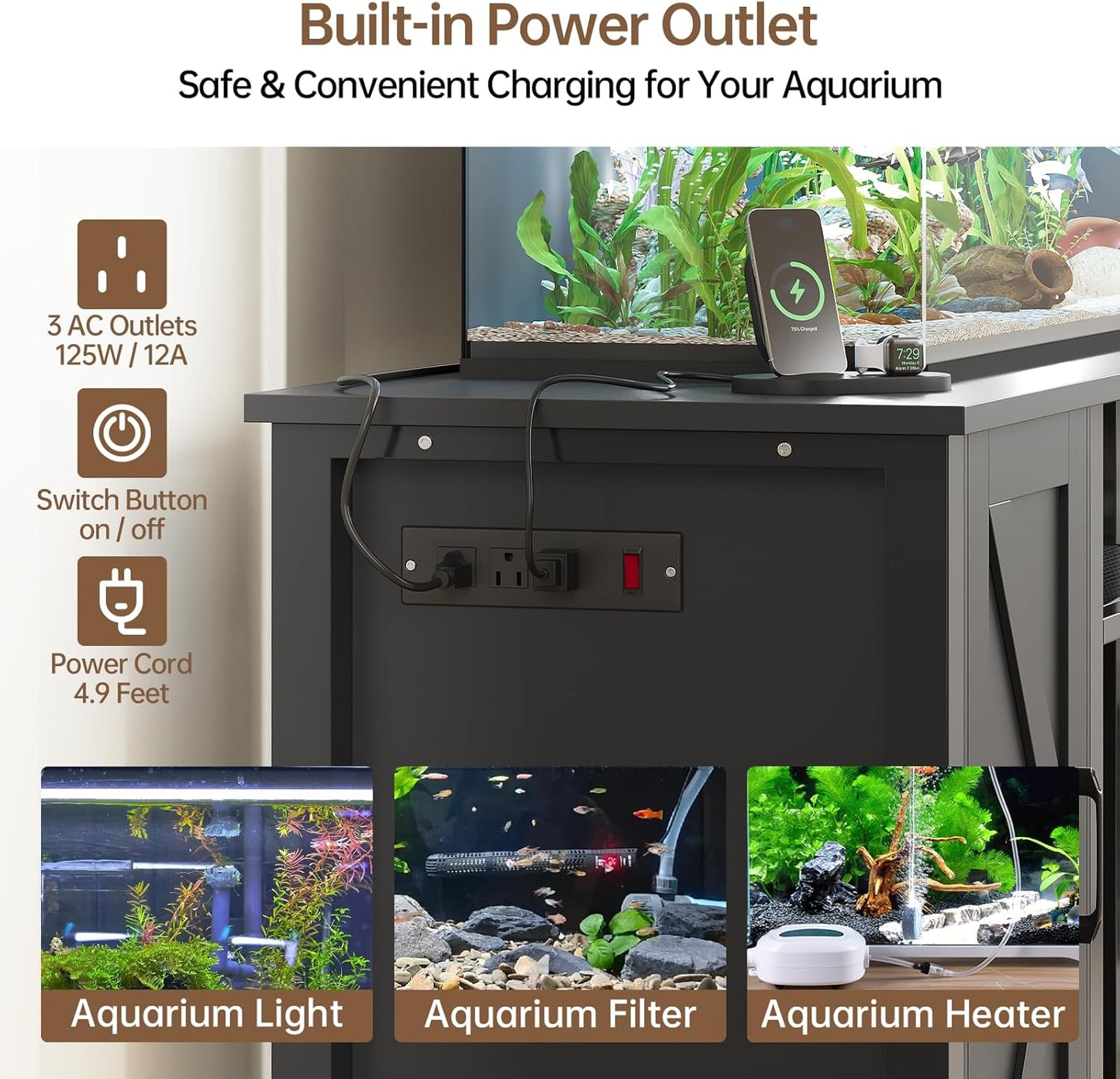 55-75 Gallon Fish Tank Stand with Power Outlet & Adjustable Shelf, Heavy Duty Aquarium Stand with Cabinet Storage for Fish Tank, Turtle Tank, Reptile Terrarium, 1000LBS Capacity, Black