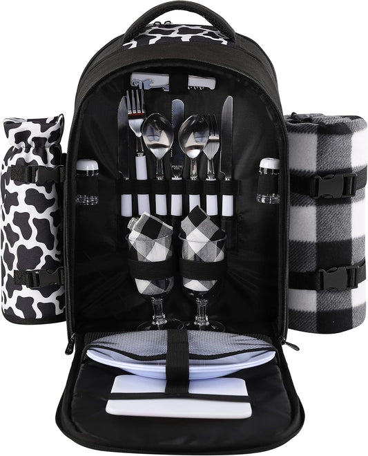 apollo walker Picnic Backpack Bag for 2 Person with Cooler Compartment, Detachable Bottle/Wine Holder, Fleece Blanket, Plates and Cutlery Set (2 Person, Black)