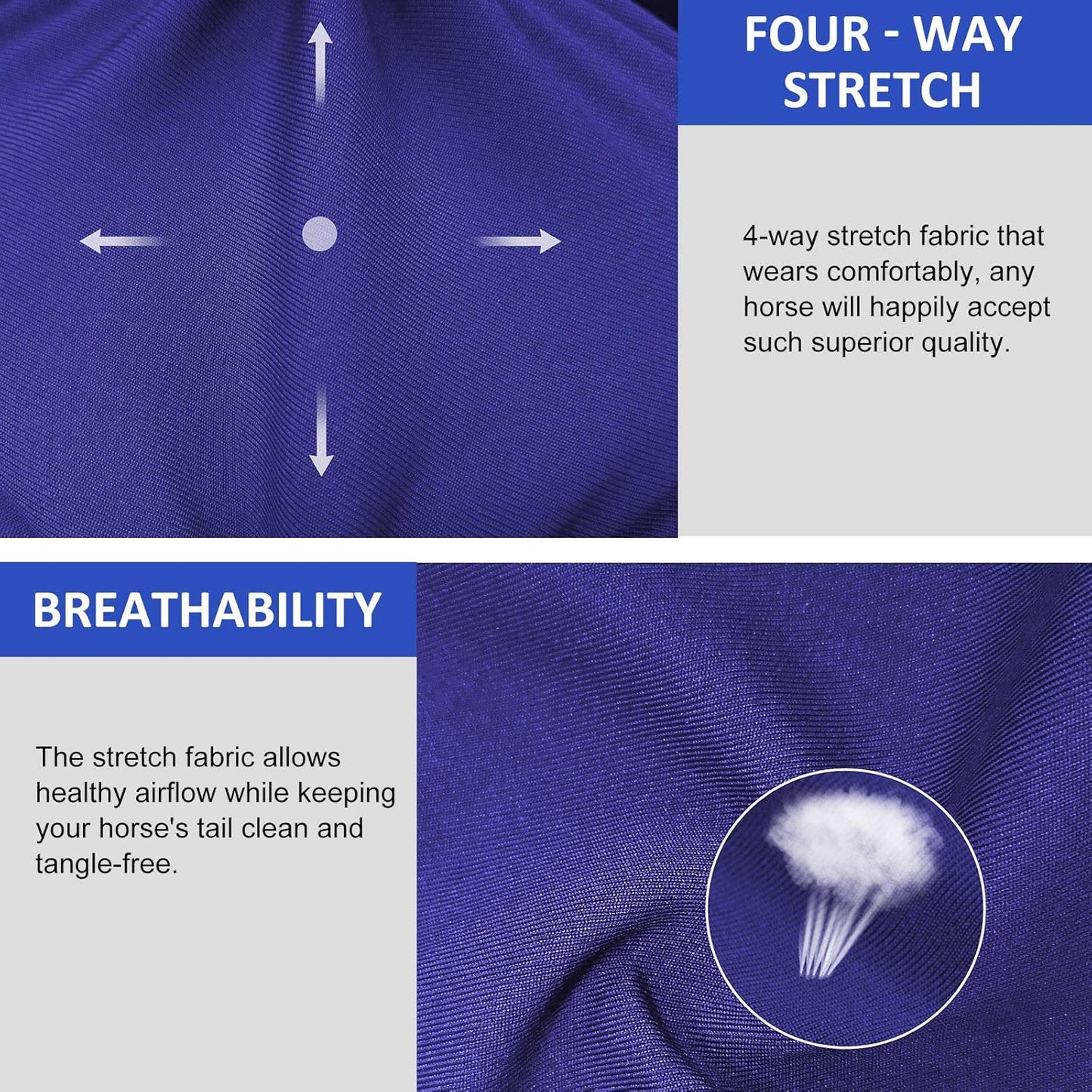 Harrison Howard Stretchy Tail Guard - Breathable Horse Tail Protection, Slip On Design, 2 Strand Closure Straps, 22" L Length - Navy