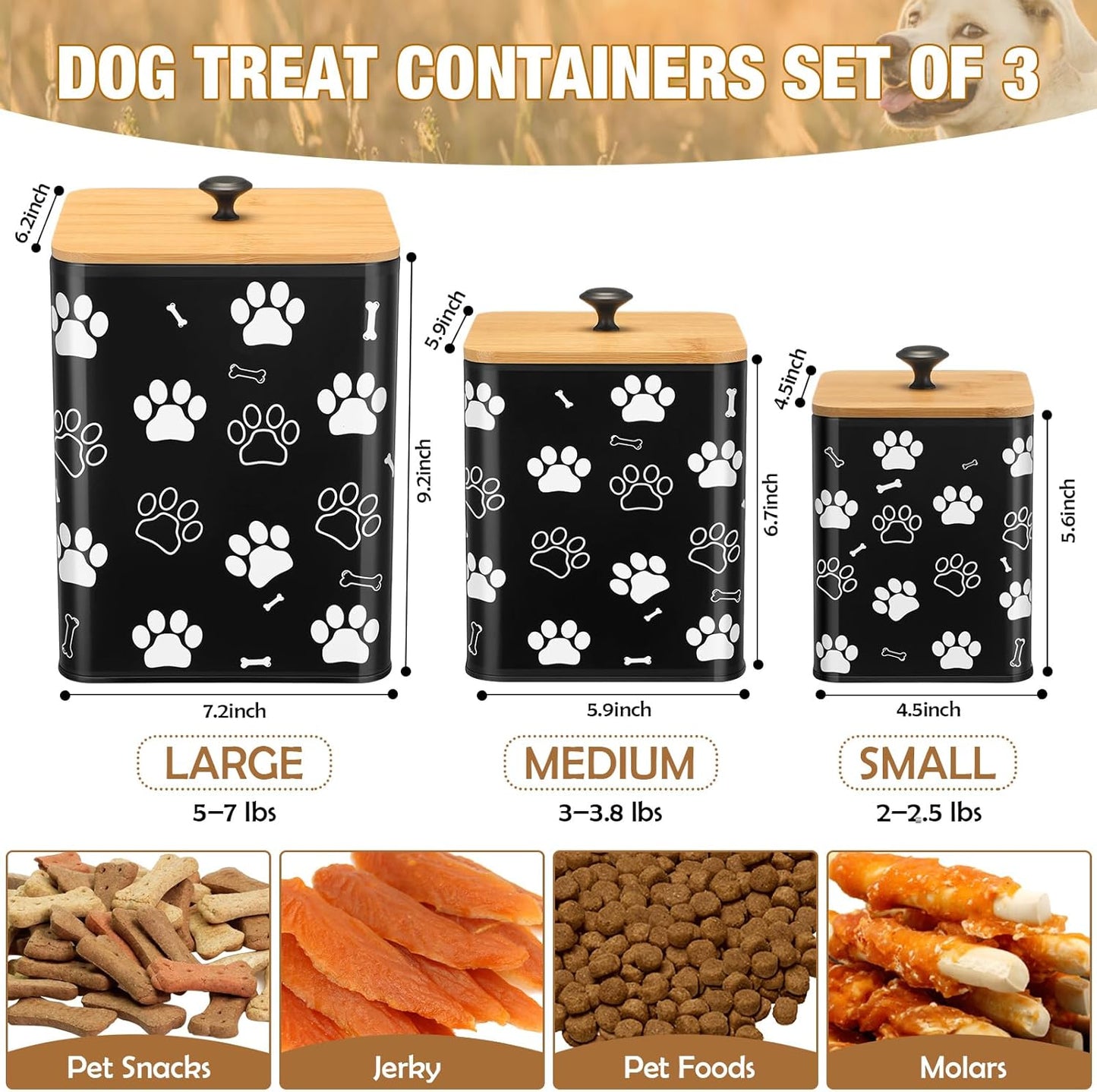 3 Pack Airtight Dog Food Containers with Bamboo Lids, Metal Dog Treat Jars Canisters for Kibble, Biscuits, Snacks, Cookies, Pet Food Storage Set for Kitchen Counter(Black)