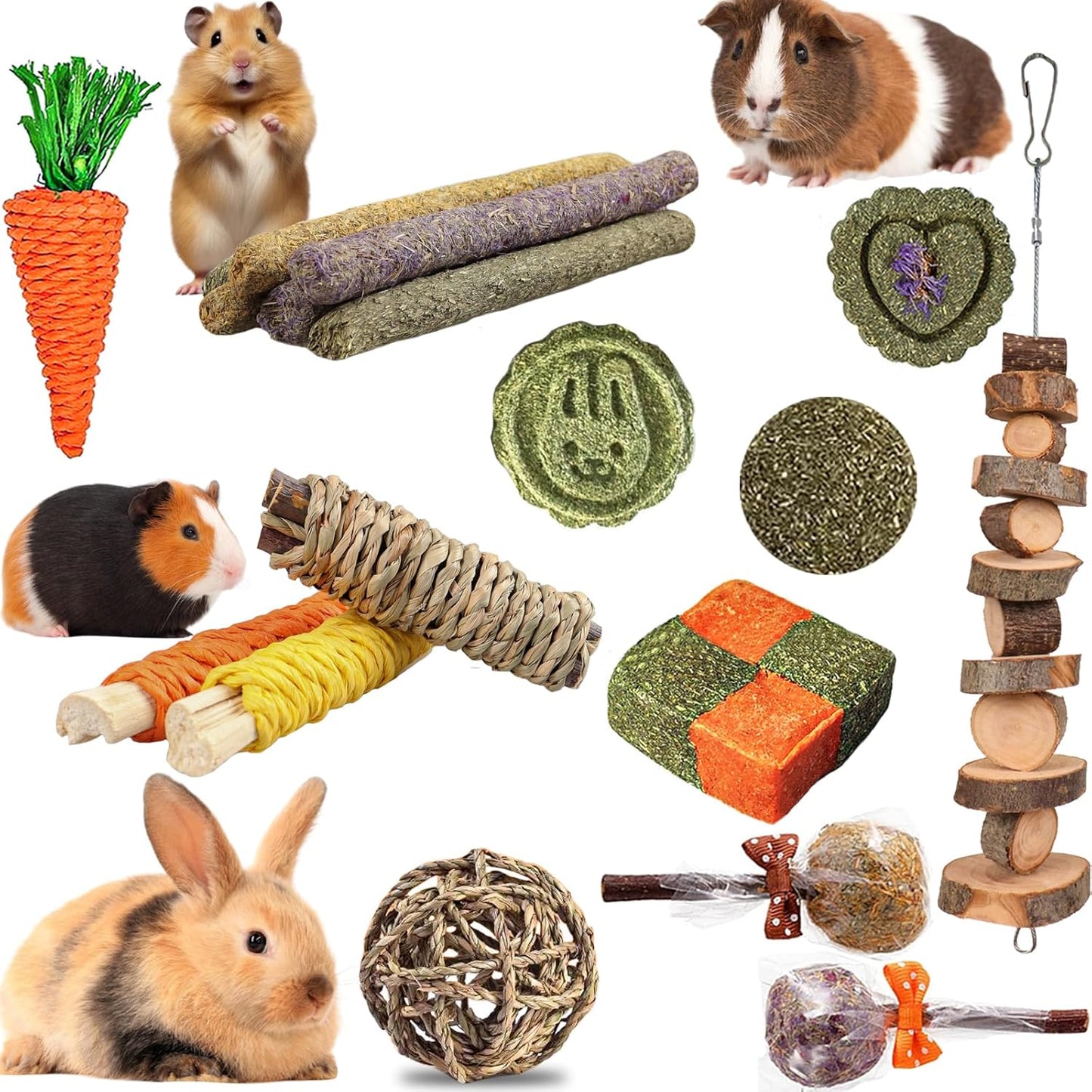HERCOOCI 18Pcs Rabbit Chew Toys, Bunny Treats and Ball Timothy Hay Stick Toys for Rabbit Bunny Guinea Pig Chinchilla Hamster Teeth Care