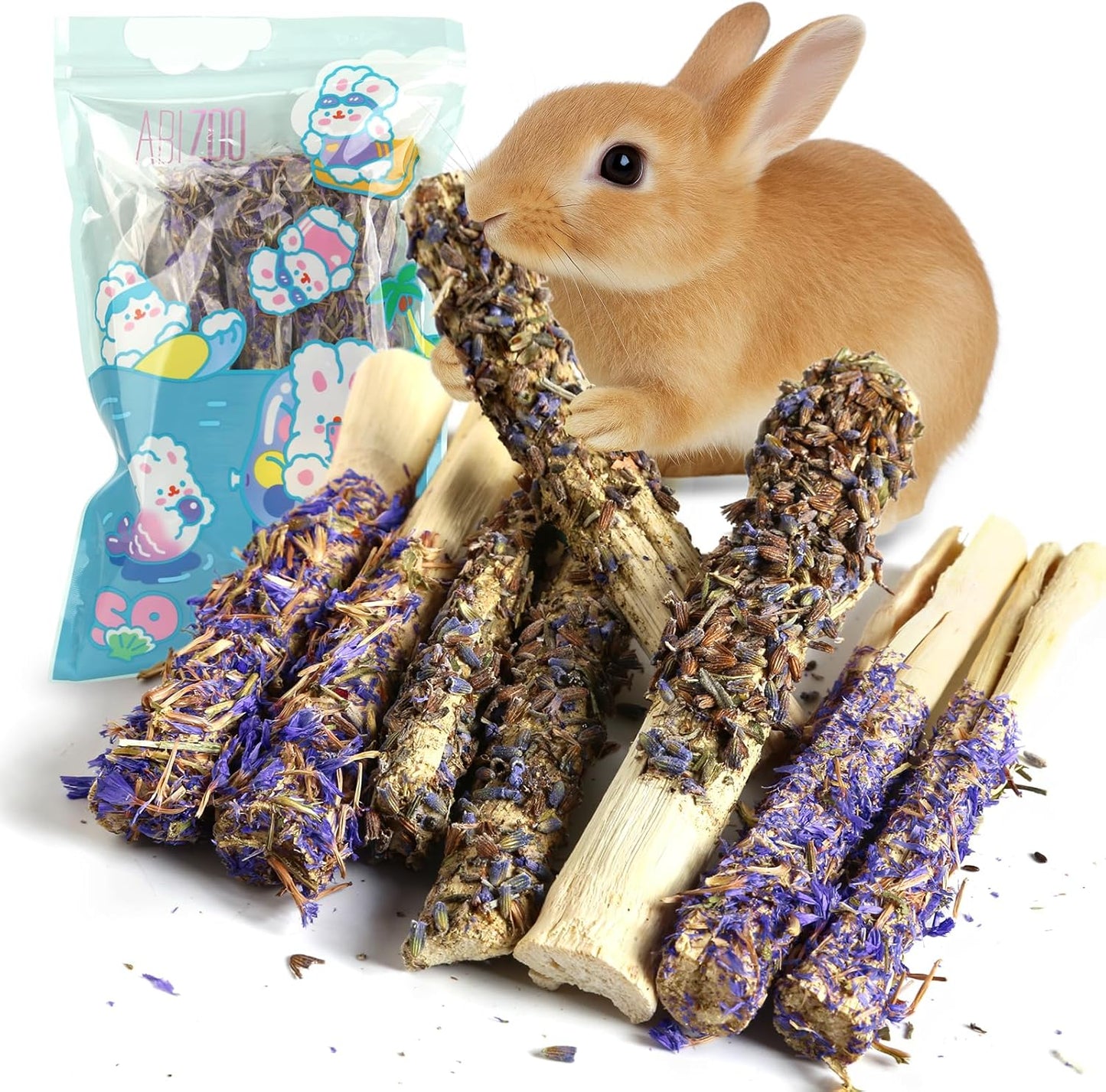 Abizoo Sweet Bamboo Rabbit Chew Sticks Treats and Toys 8Pcs Natural Hay with Forget-Me-Not Lavender for Bunny Guinea Pig Chinchilla Dental Care