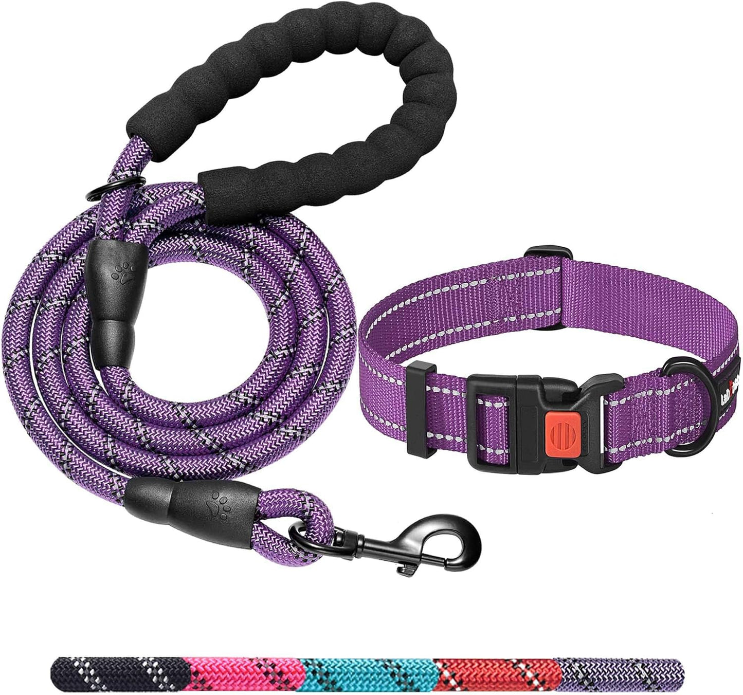 Heavy Duty Dog Leash - Comfortable Padded Handle, 5 ft Long - Dog Leashes for Small Medium Large Dogs (Leash+Collar M Neck 16"-20", Purple)