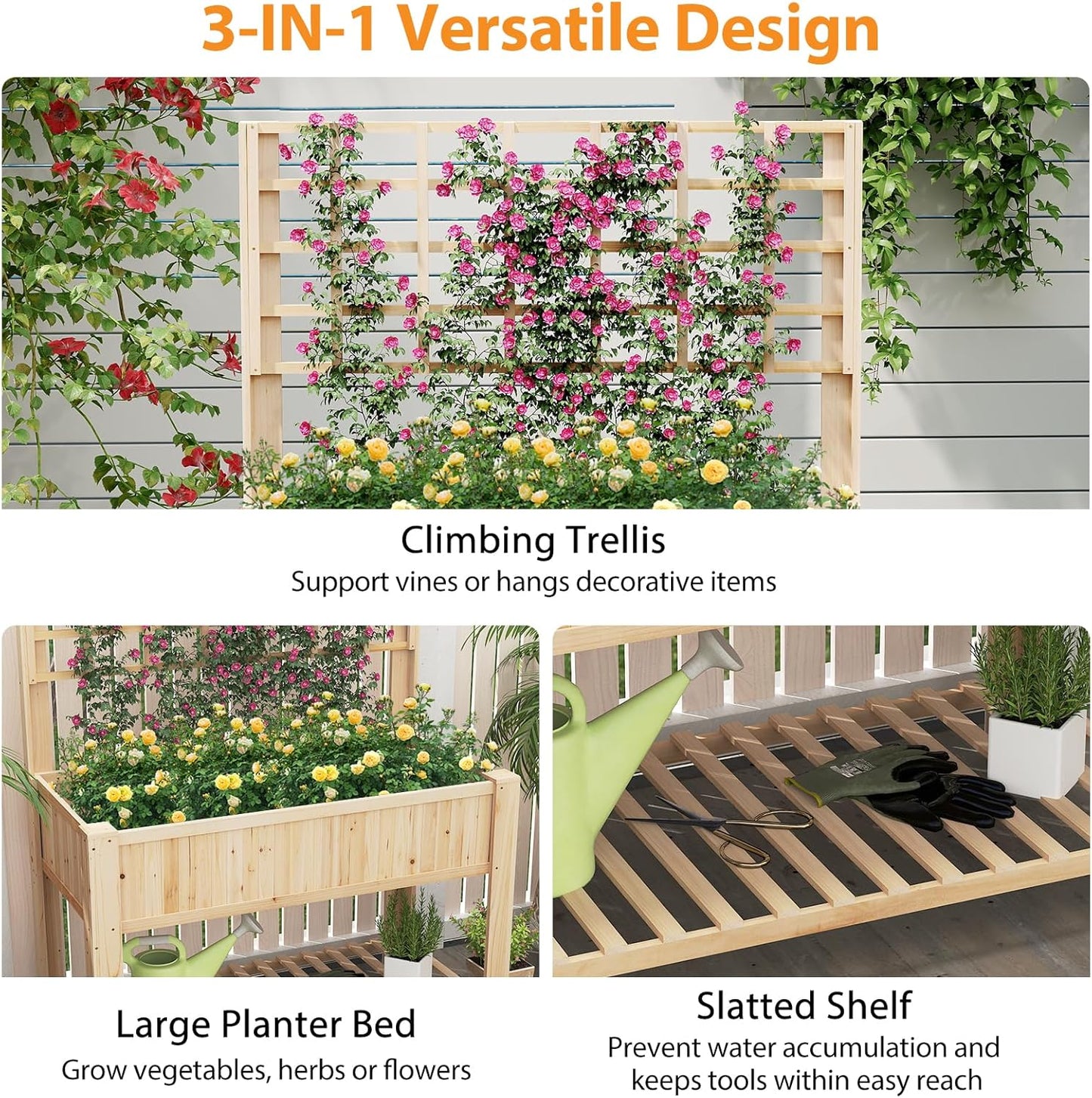 Giantex Raised Garden Bed with Trellis, Wooden Elevated Planter Box with Legs, Drainage Holes for Climbing Plants Vines Vegetables Flowers Herbs, Outdoor Horticulture Planter for Patio Yard