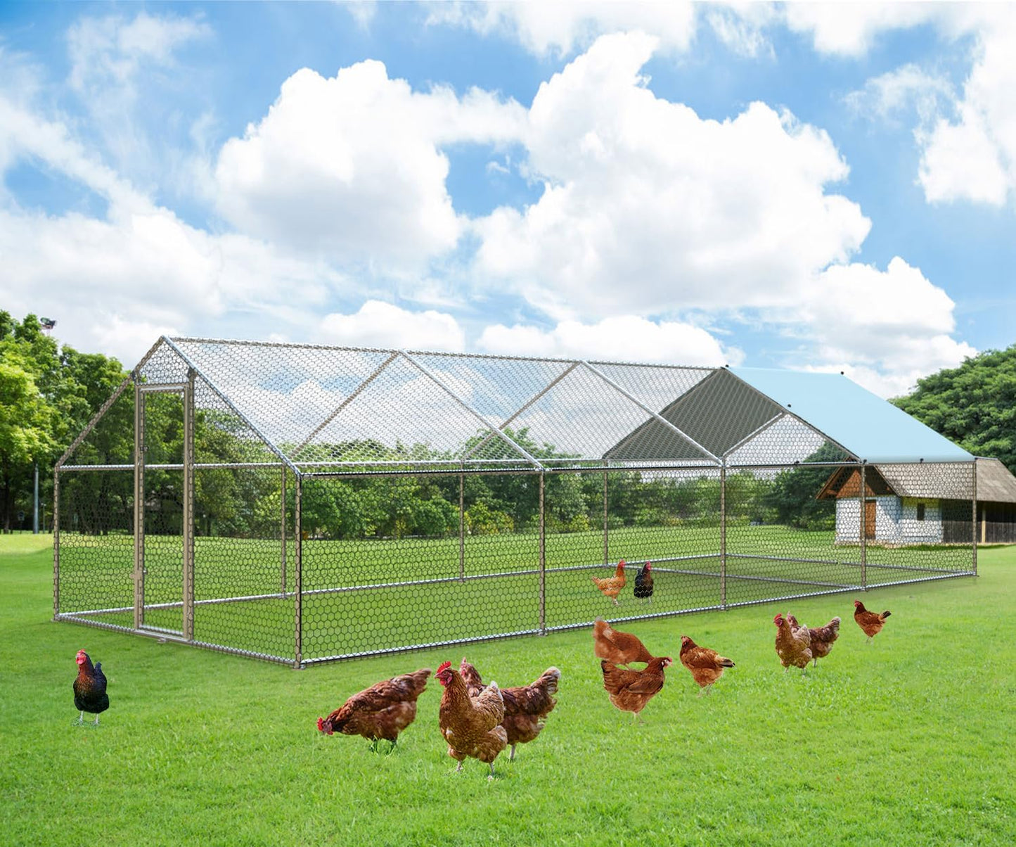 1.26’’ Large Metal Chicken Coop Walk in, Chicken Pen for Chickens, Outdoor Chicken Runs Coops Dog Kennel, Spire Roofed Chicken Runs for Yard with Anti-Ultraviolet Cover (9.8’Lx26.2’Wx6.4’H)