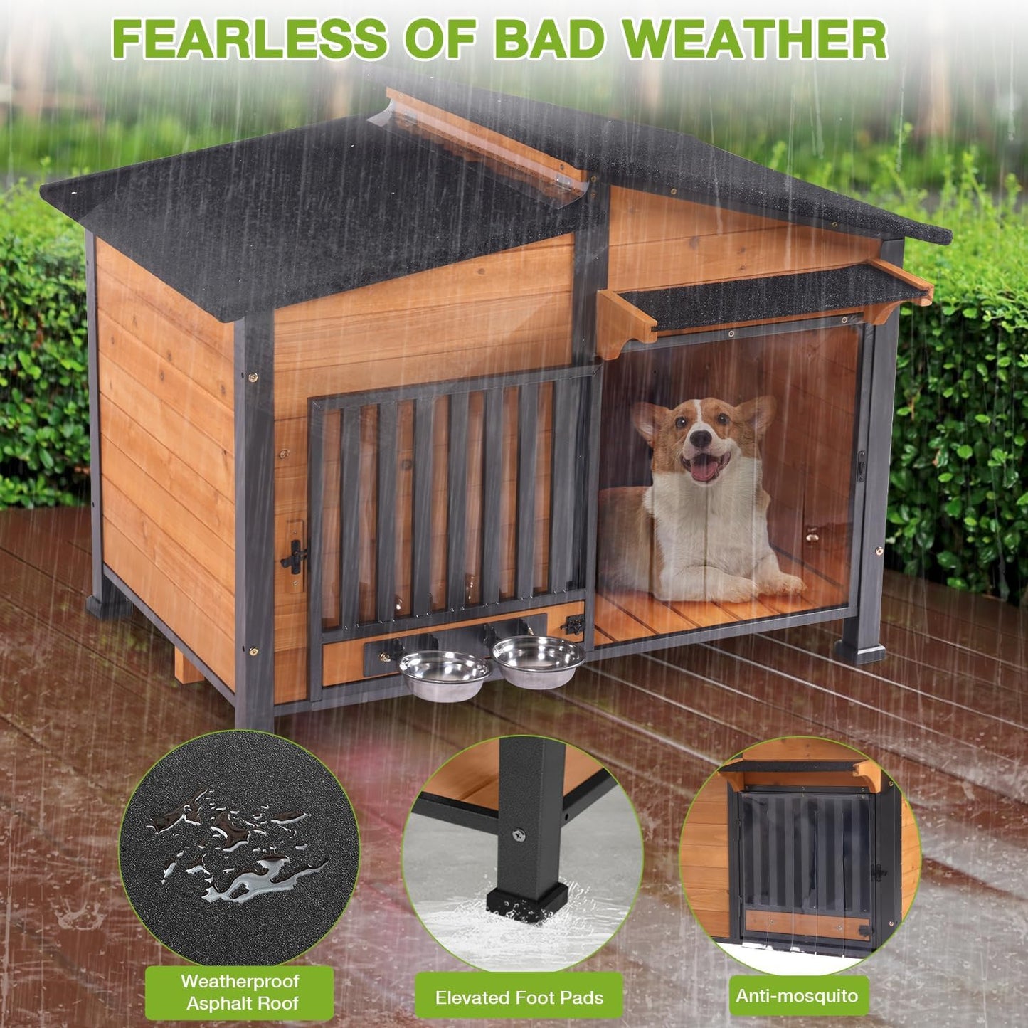 Heated Dog House Outdoor with Bowls Weatherproof Dog Kennel with Heating Pad Anti-Chewing Iron Frame Dog Shelter for Small Medium Dogs(Wooden Brown)