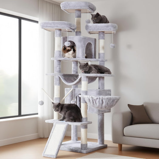 Hey-brother Cat Tree, 71 inches XL Large Cat Tower for Indoor Cats, Multi-Level Cat House with 3 Padded Perches, Big Scratcher, Cozy Basket, 2 Cat Condos and Scratching Posts, Light Gray MPJ034W