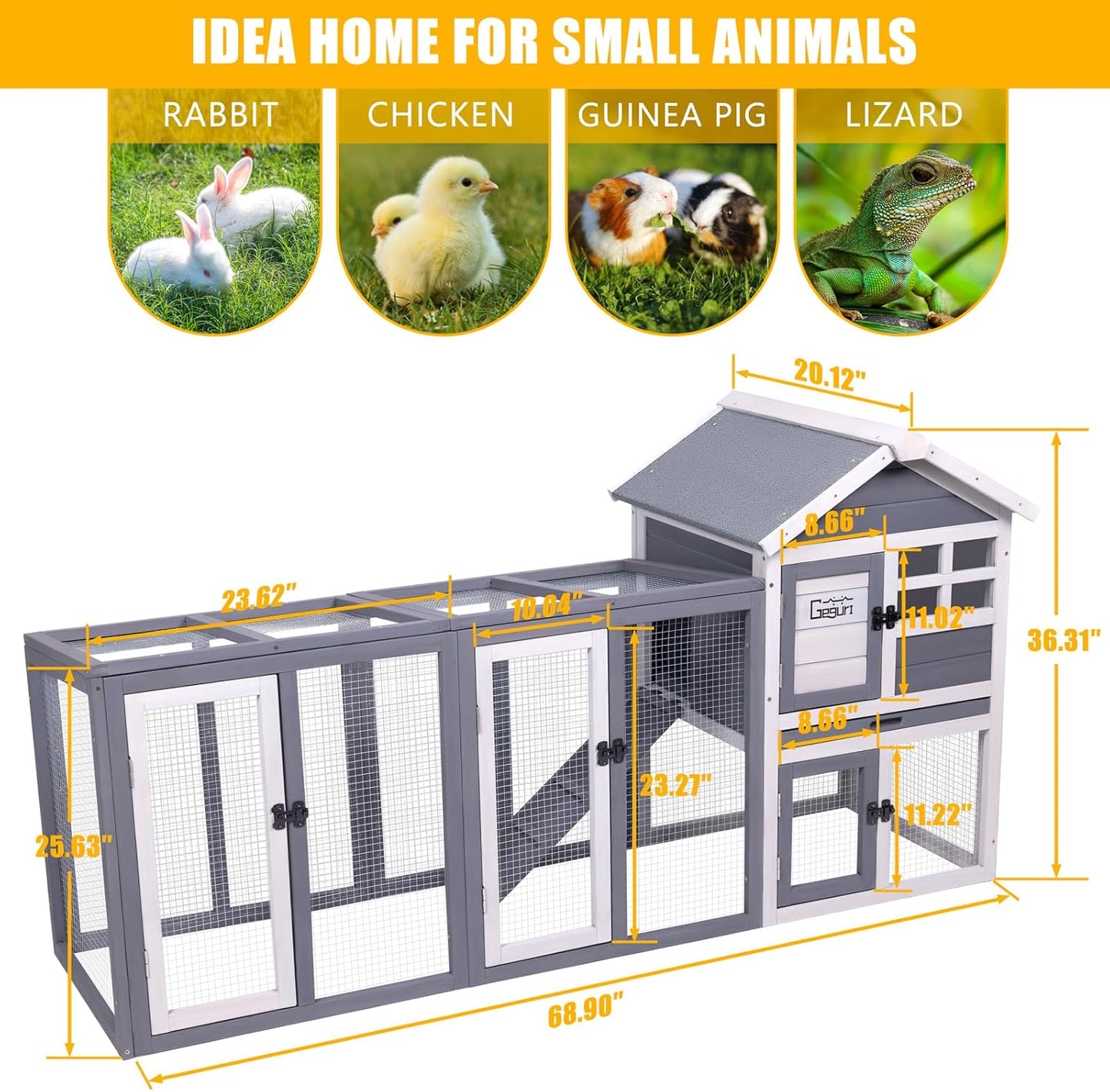 GEGURI Large Rabbit Hutch Indoor Outdoor Chicken Coop Wooden Bunny Cage with Waterproof Roof