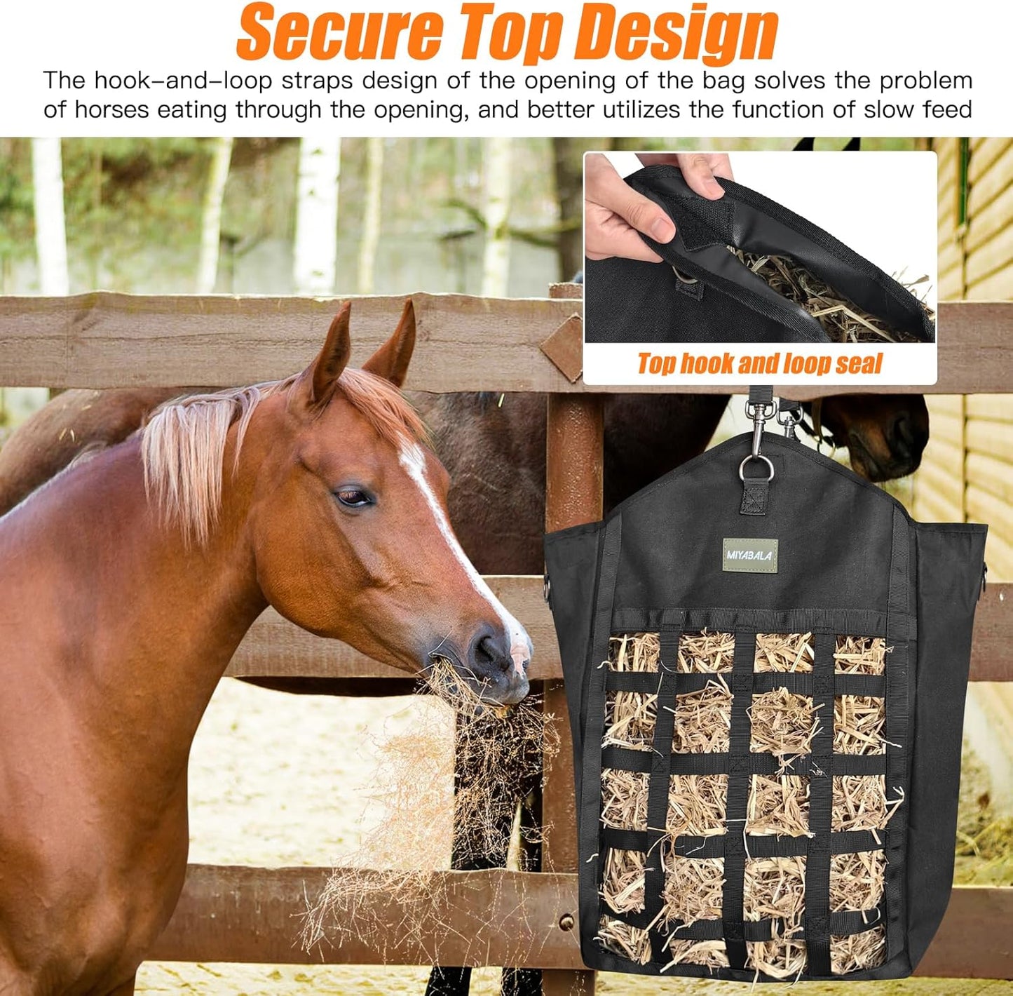 Hay Bags for Horses,Two-Sided Premium Oxford Slow Feed Hay Bags for Goats,Sheep,Donkey,Large Top Opening with Hook-and-Loop Seals,Easy to Hang with Adjustable Strap (Black, Large 1 Pack)