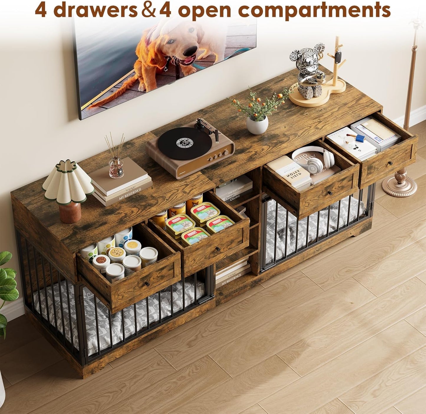 GarveeHome 82” Double Dog Crate Furniture, Large Dog Kennel Indoor for 2 Dogs, Heavy Duty Wooden Dog Crate TV Stand with 4 Drawers and Shelves, Brown