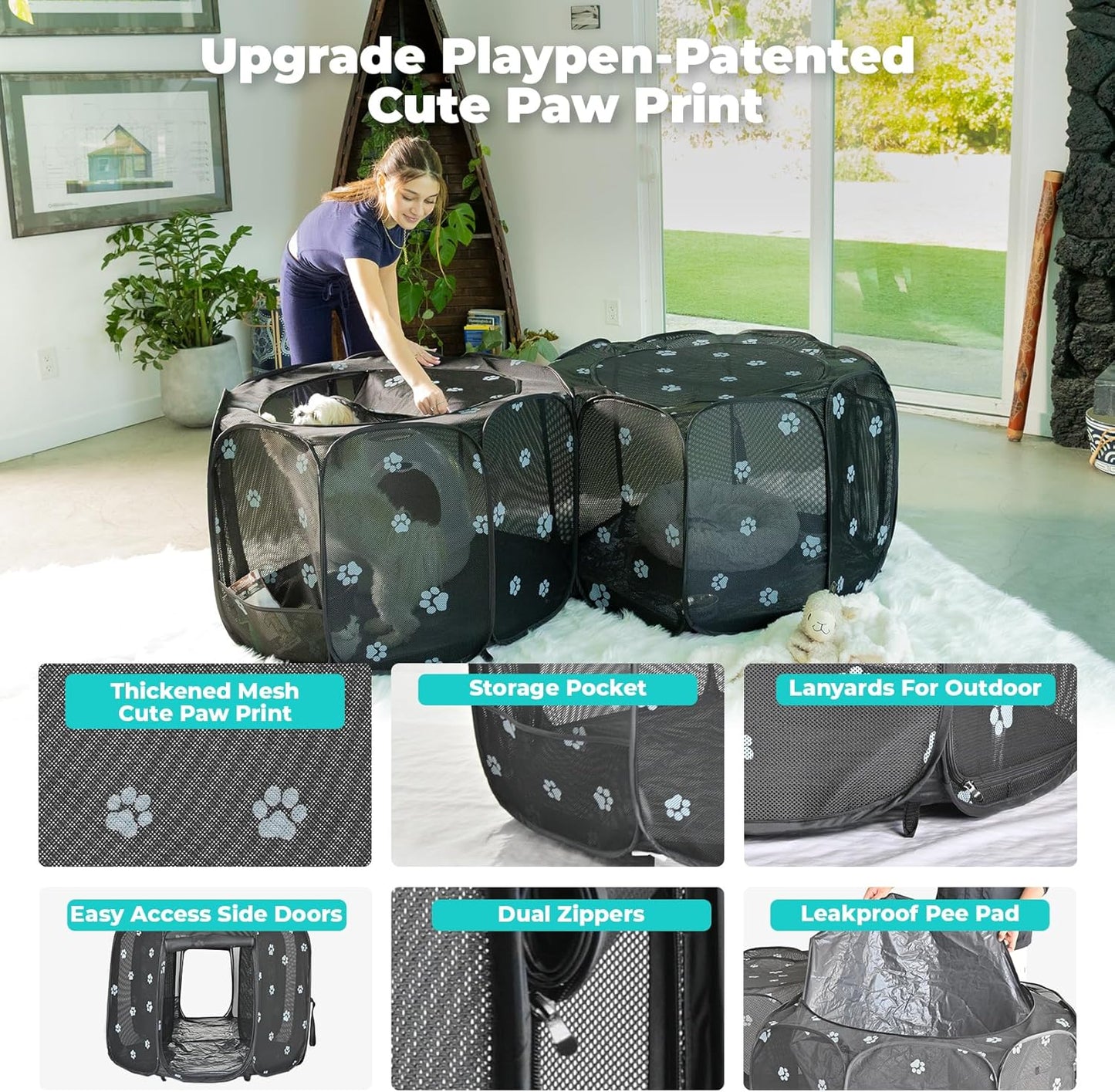 2-in-1 Cat Playpen, Pop Up Dog Pet Playpen for Indoor Outdoor Cats Enclosure, Portable Pet Playpen, Kitten Puppy Foldable Play Pen Cat Dog Tent Crate Cage Kennel(No Divider, Unified Space)