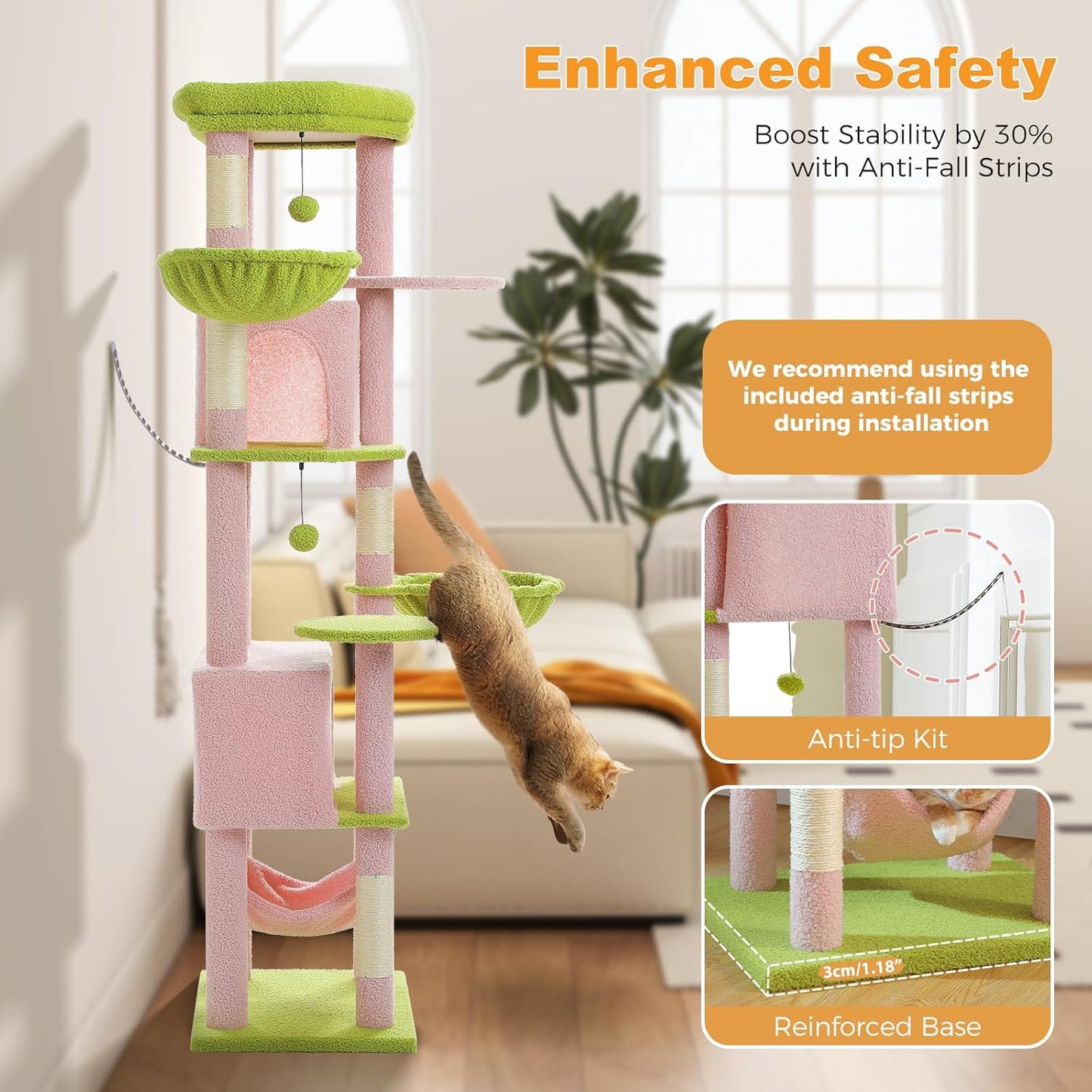 71.2" Large Cat Tree for Multi-Cat Households - Heavy-Duty 9-Level Cat Tower w/5 Sisal Scratching Posts, 2 Condos, 3 Hammocks, Extra-Large Perch & Pompoms - Space-Saving, Pink