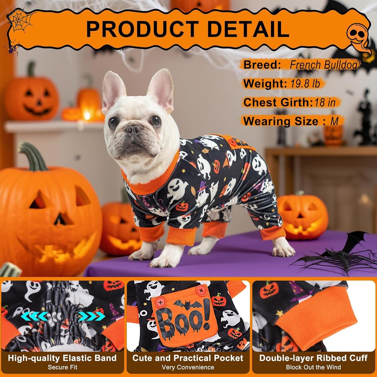 BEAUTYZOO Dog Halloween Pajamas Medium Size Dog, Fleece Funny Ghost Pumpkin Costumes for Dogs, Soft Stretchable Doggy Onesie with Feet, Pet Apparel Clothes for Medium Dogs Boy Girl, Black M