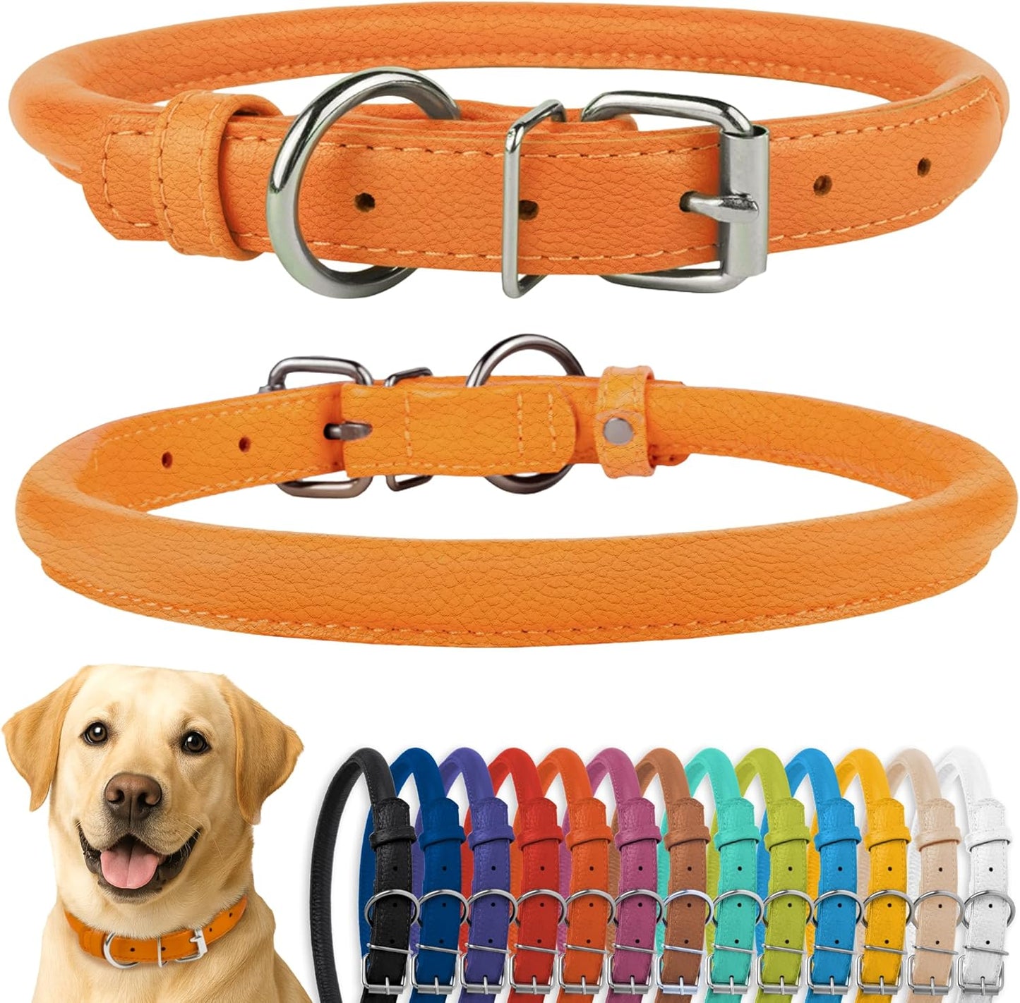 CollarDirect Rolled Leather Dog Collar, Soft Padded Round Puppy Collar, Handmade Genuine Leather Collar Dog Small Large Cat Collars 13 Colors (18-22 Inch, Orange Textured)