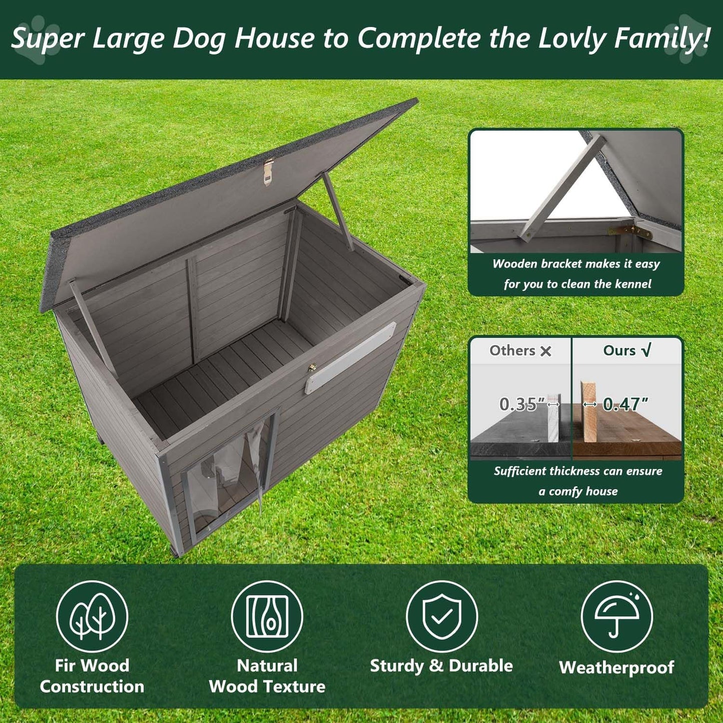 43.3" L Dog House Outdoor for Large Breeds Dogs Anti Chewing Iron Frames Dog Kennel Wooden Pet Houses for Indoor Outdoor with Weatherproof Roof,6 Elevated Feet, Reinforced Bottom Support