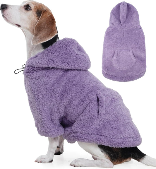 IDOMIK Fuzzy Dog Sweater with Adjustable Hood, Warm Fleece Dog Sweater Hoodie with Harness Hole & Pocket, Pullover Sweaters for Medium Dogs, Fuzzy Hooded Sweatshirt for Fall Winter Christmas,Purple,L