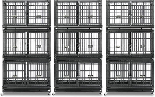 Homey Pet 3 Pack Three Tiers 43 inch Stackable Heavy Duty Dog Crate with Wheels, Indestructible Steel Dog Cage Kennel Indoor with Detachable Divider, Trays, Feeding Bowls, Escape Proof Locks