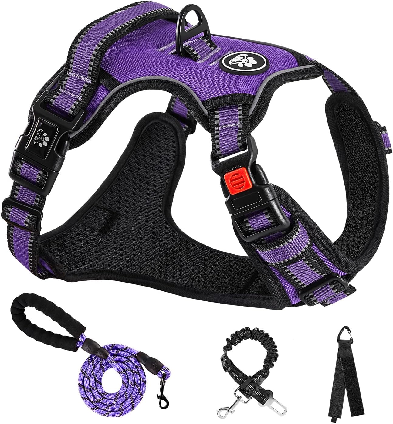 NESTROAD No Pull Dog Harness,Adjustable Oxford Dog Vest Harness with Leash,Reflective No-Choke Pet Harness with Easy Control Soft Handle for Large Dogs(X-Large,Purple)