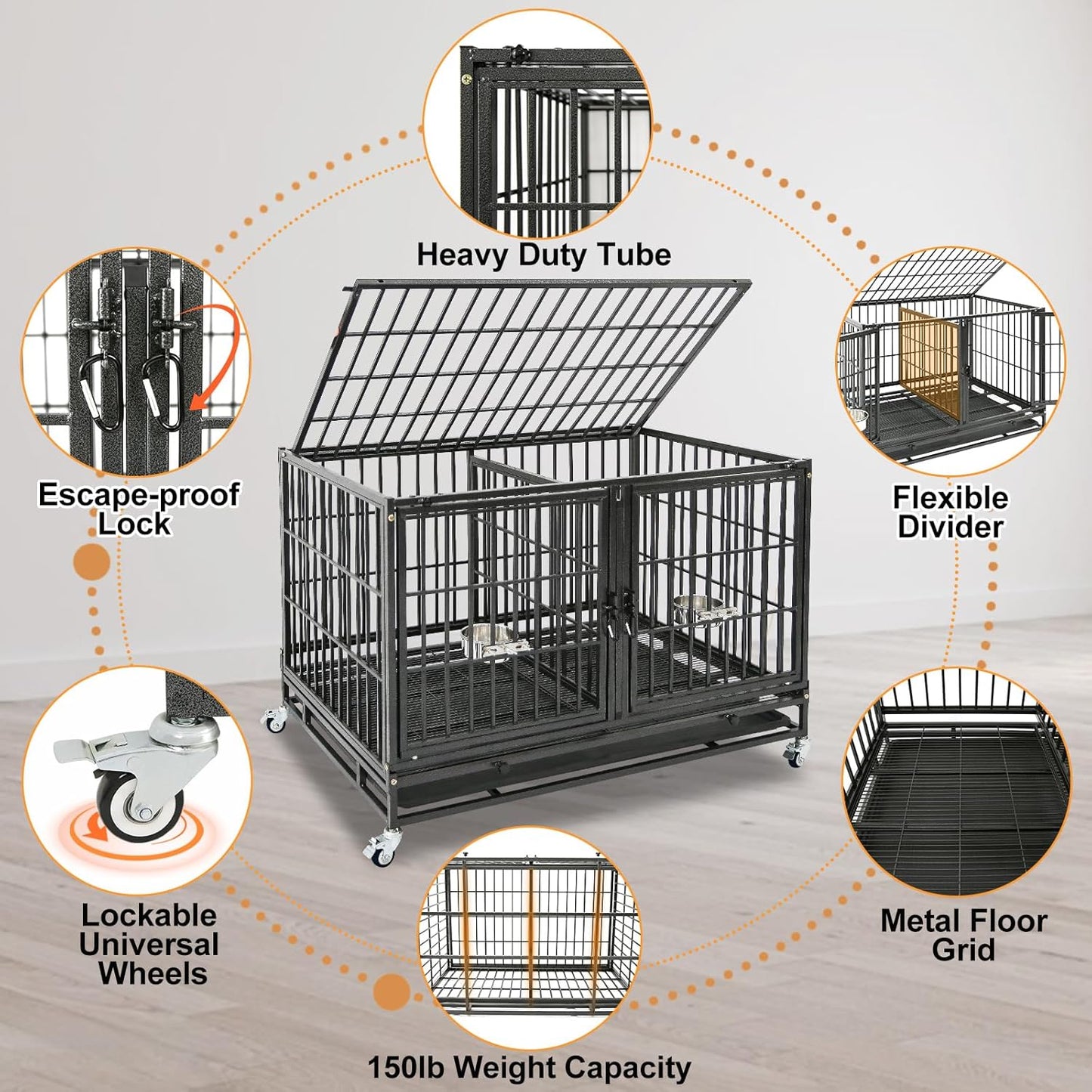 Homey Pet 3 Pack Three Tiers 43 inch Stackable Heavy Duty Dog Crate with Wheels, Indestructible Steel Dog Cage Kennel Indoor with Detachable Divider, Trays, Feeding Bowls, Escape Proof Locks