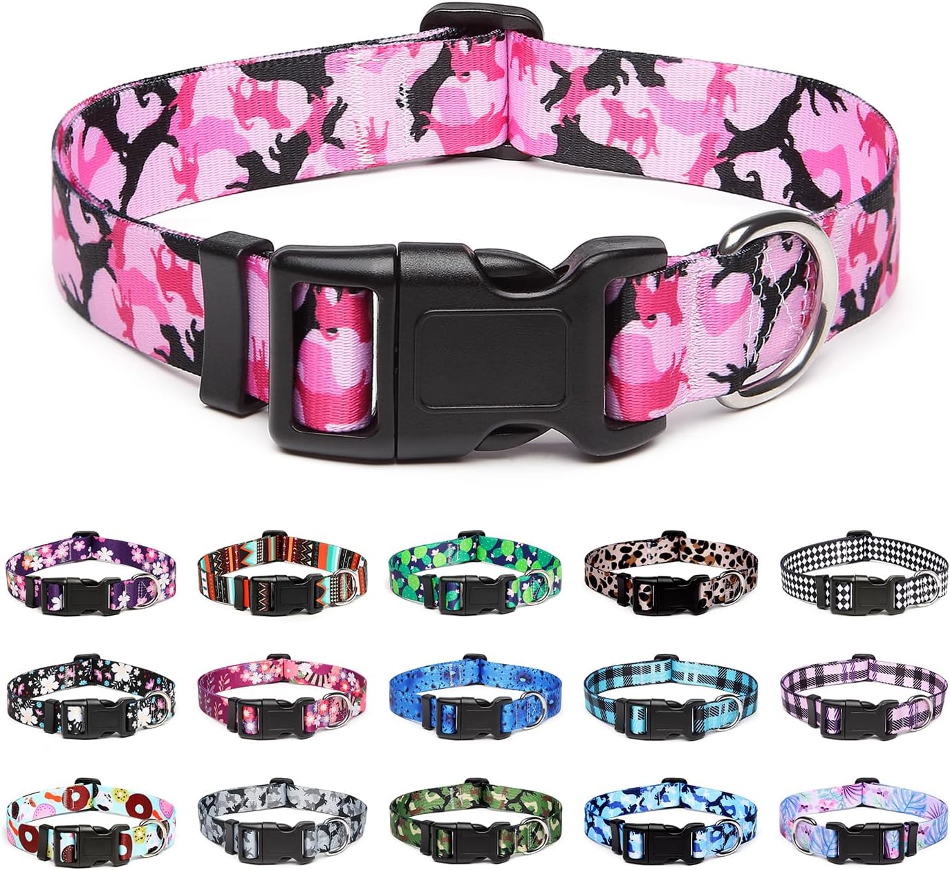 Mercano Adjustable Dog Collar - Special Design Patterns, Soft Nylon Comfortable Sturdy Pet Collar for Small Medium Large Dogs (L, Dog Camouflage Pink)