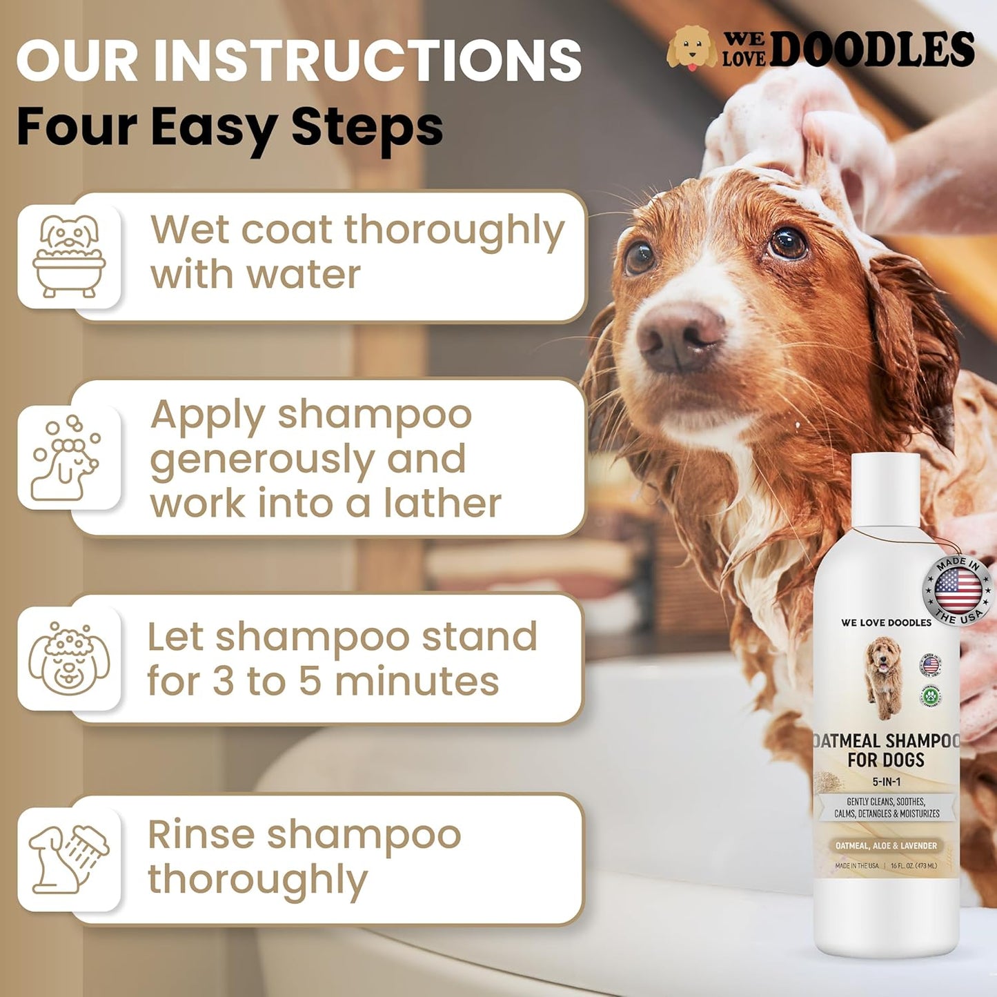 5-in-1 Premium Oatmeal Shampoo for Dogs, Gentle for Itchy & Sensitive Skin, Provides Itch Relief, Hypoallergenic & Soothing for Dry Skin, Moisturizing Anti-Itch, Made in USA, 16 oz [We Love Doodles]