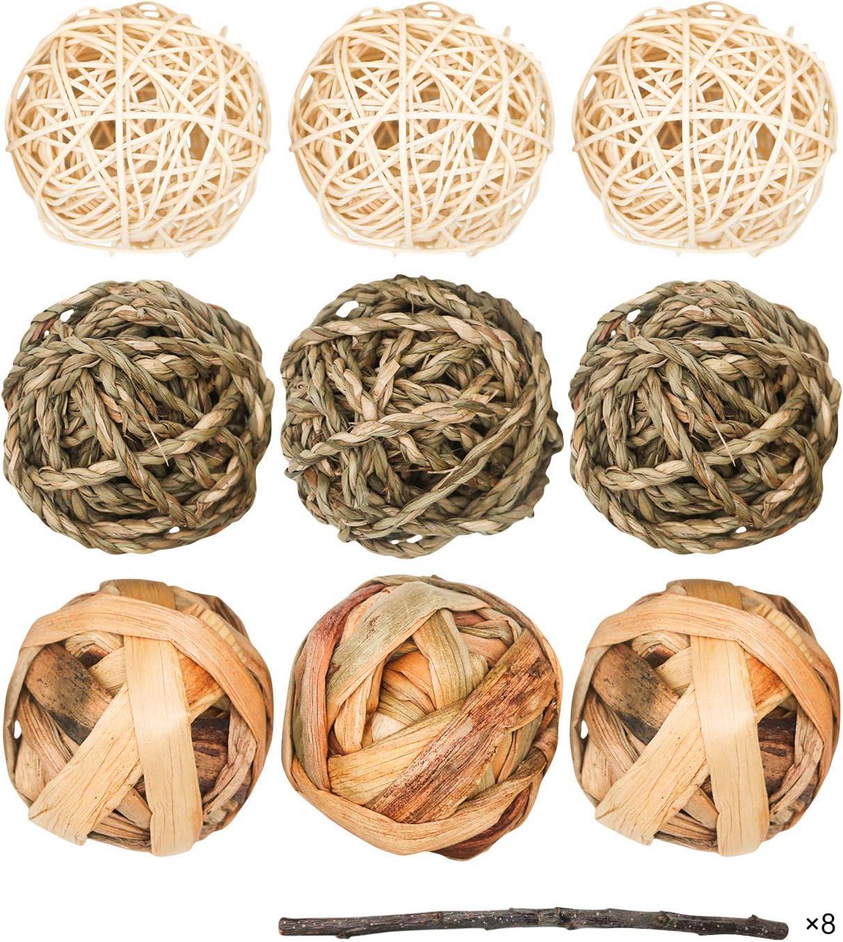 9 Pcs Small Animals Play Balls Rolling Activity Chew Toys Gnawing Treats for Rabbits Guinea Pigs Chinchilla Bunny Natural Balls, Pet Cage Entertainment Accessories (9 Pcs)