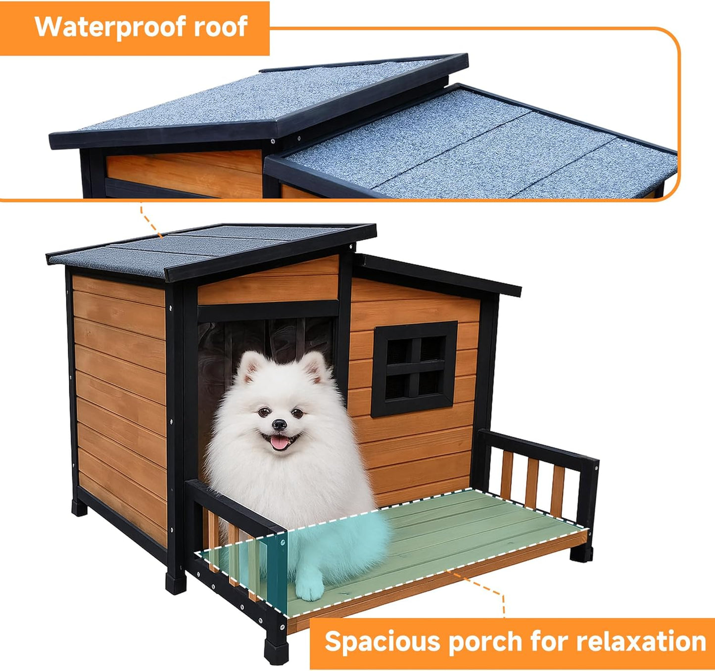 GARWOOD Large Outdoor Indoor Wooden Dog House for Small Large Dog Kennel Wood Sturdy Pet Puppy Warm Home with Durable Weatherproof Asphalt Roof Insulated Elevated Floor Outside Shelter Brown 39x37x30“